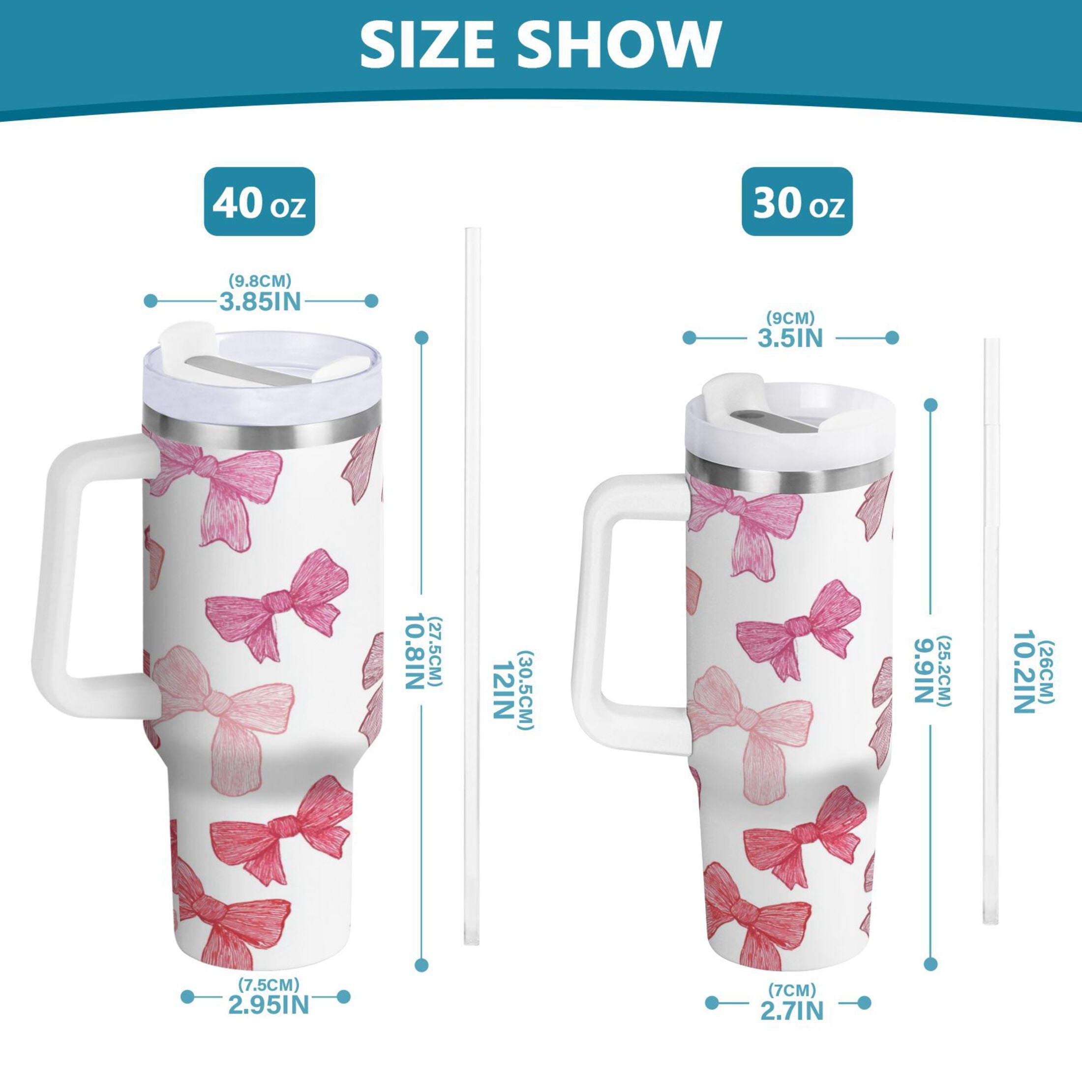 40 oz Insulated Stainless Steel Tumbler Double Wall Stainless Steel Tumbler with 2-Way Drinking Pink Bows Pattern - BKLS