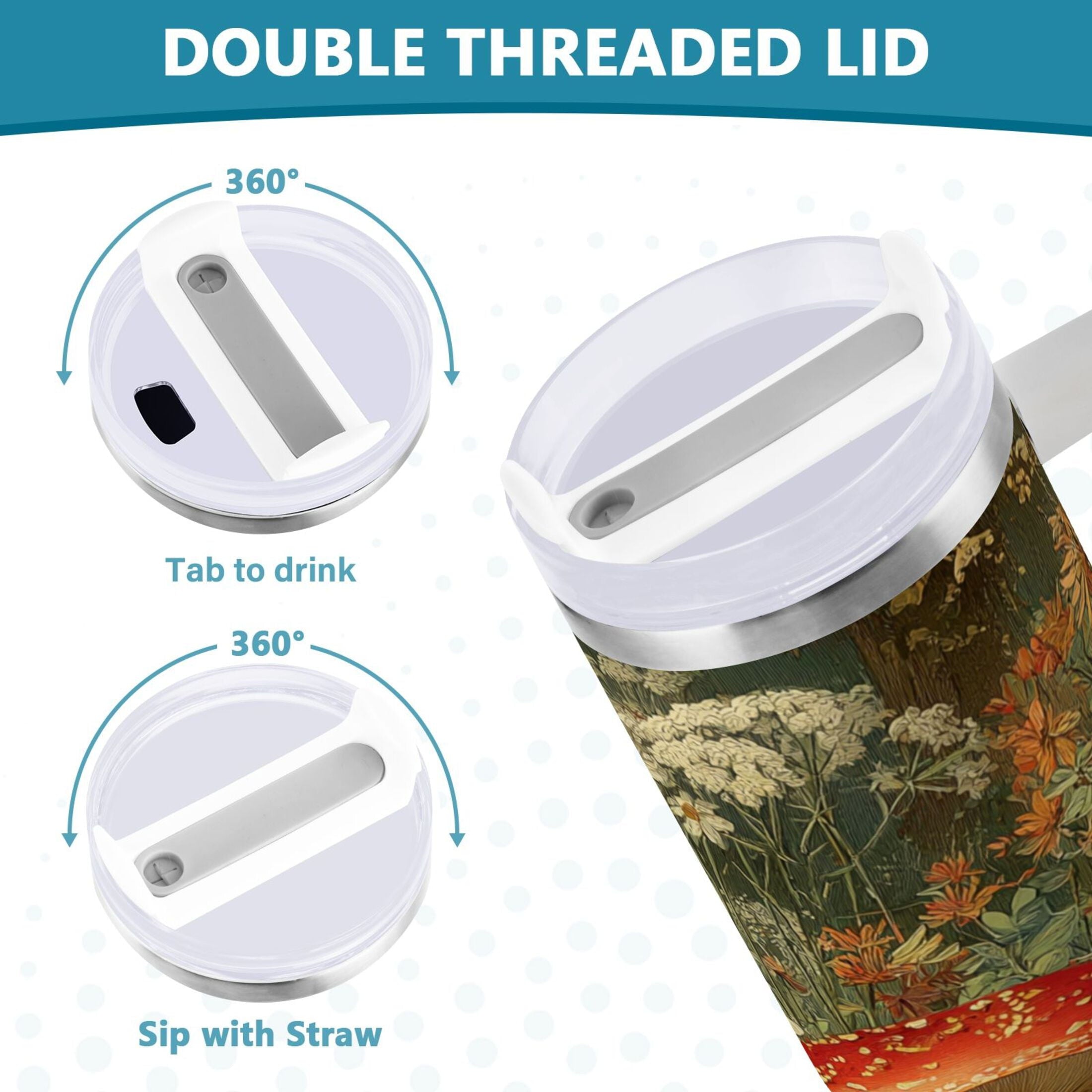 40 oz Insulated Stainless Steel Tumbler Double Wall Stainless Steel Tumbler with 2-Way Drinking Red Mushrooms - 6NTA