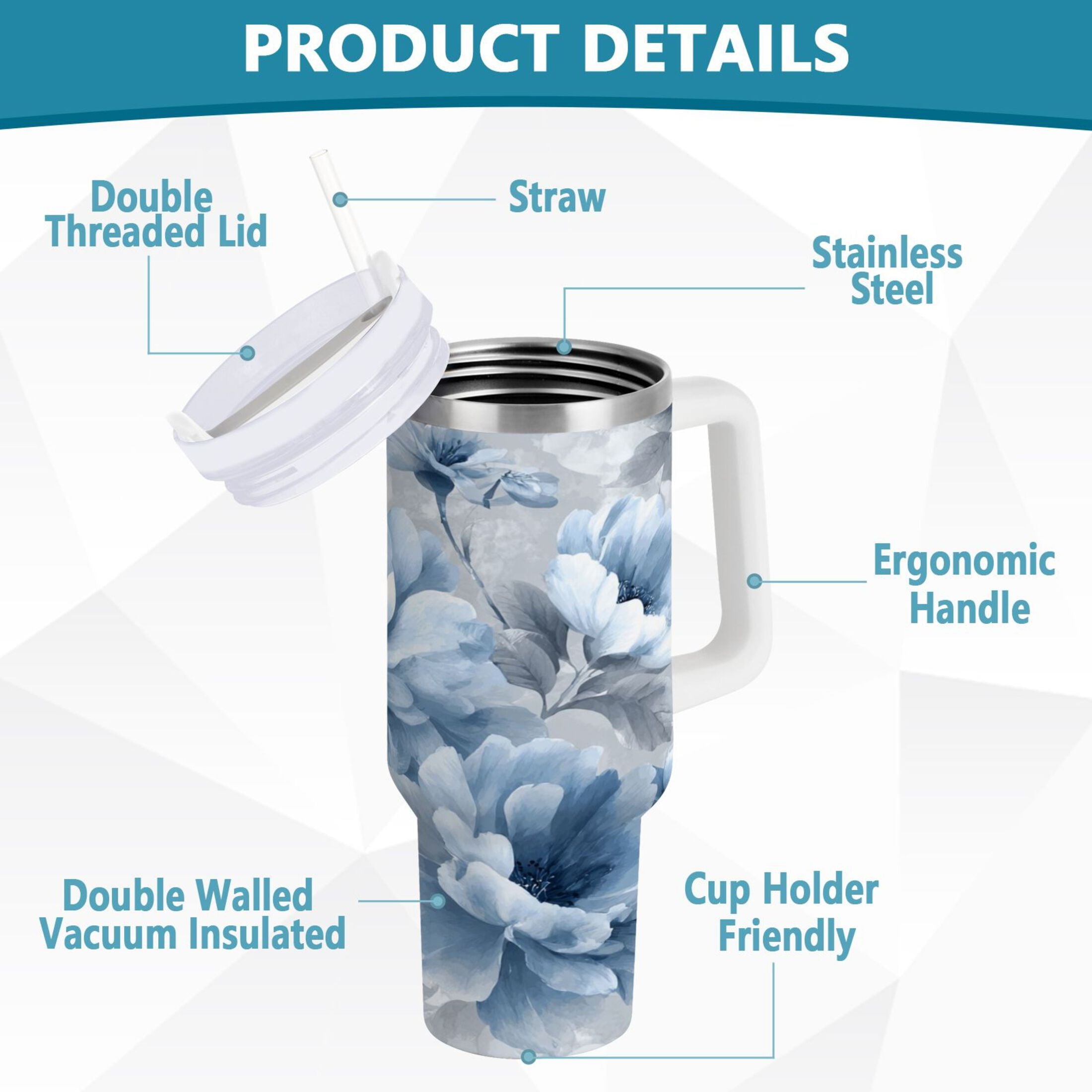40 oz Insulated Stainless Steel Tumbler Double Wall Stainless Steel Tumbler with 2-Way Drinking White Floral Pattern - E4A2