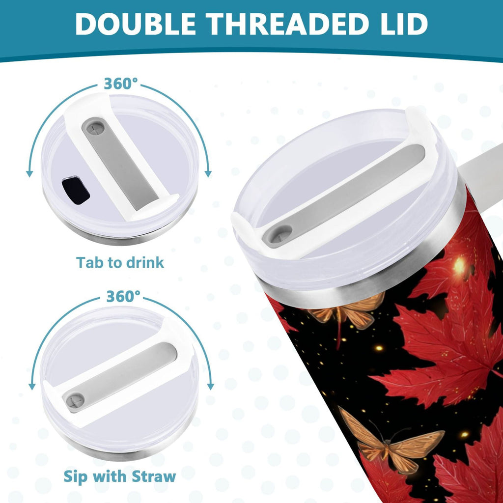 40 oz Insulated Stainless Steel Tumbler Double Wall Stainless Steel Tumbler with 2-Way Drinking Maple Leaves and Fireflies - QT9C