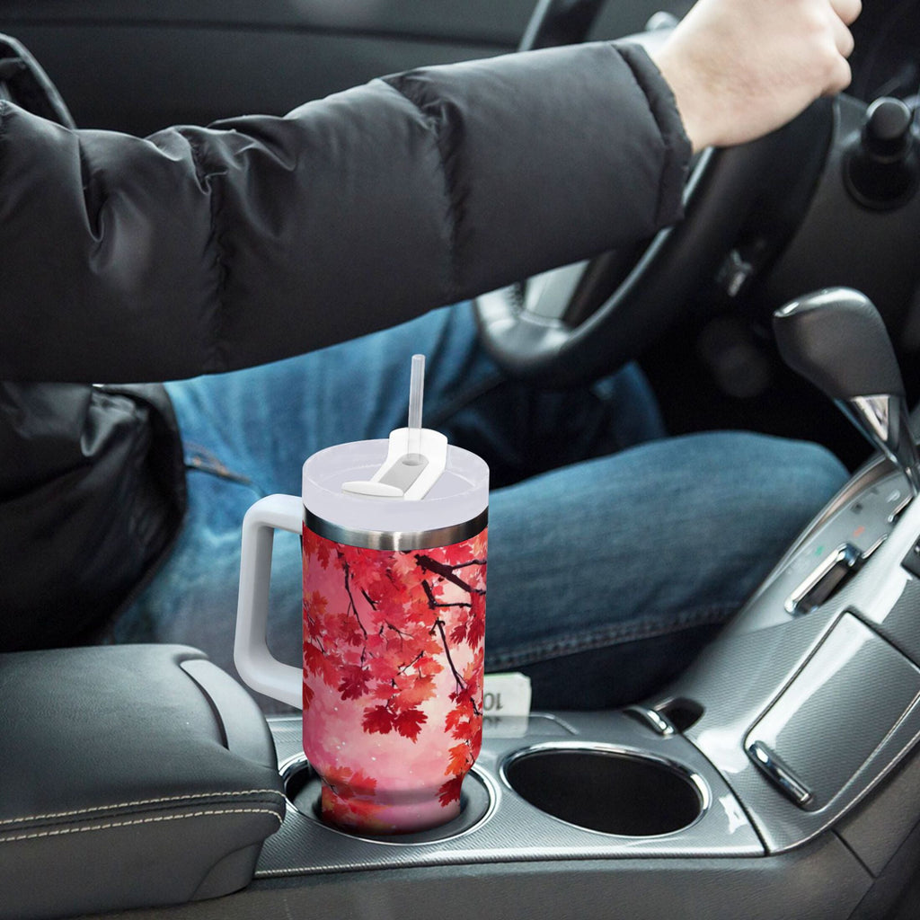 30 oz Insulated Stainless Steel Tumbler Double Wall Stainless Steel Tumbler with 2-Way Drinking Watercolor Red Maple Leaves - IG2U