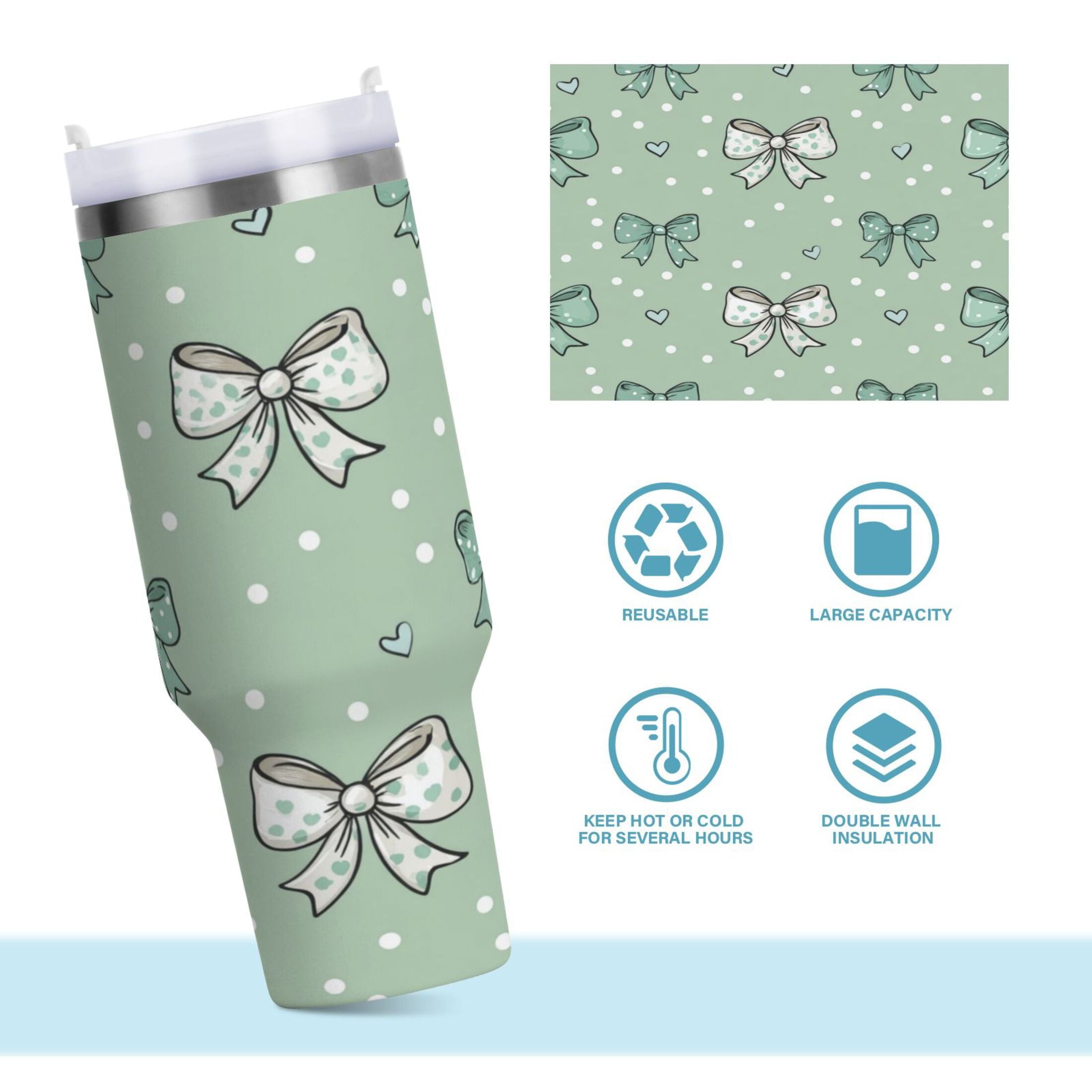 30 oz Insulated Stainless Steel Tumbler Double Wall Stainless Steel Tumbler with 2-Way Drinking Green and Mint Bows - TSSH