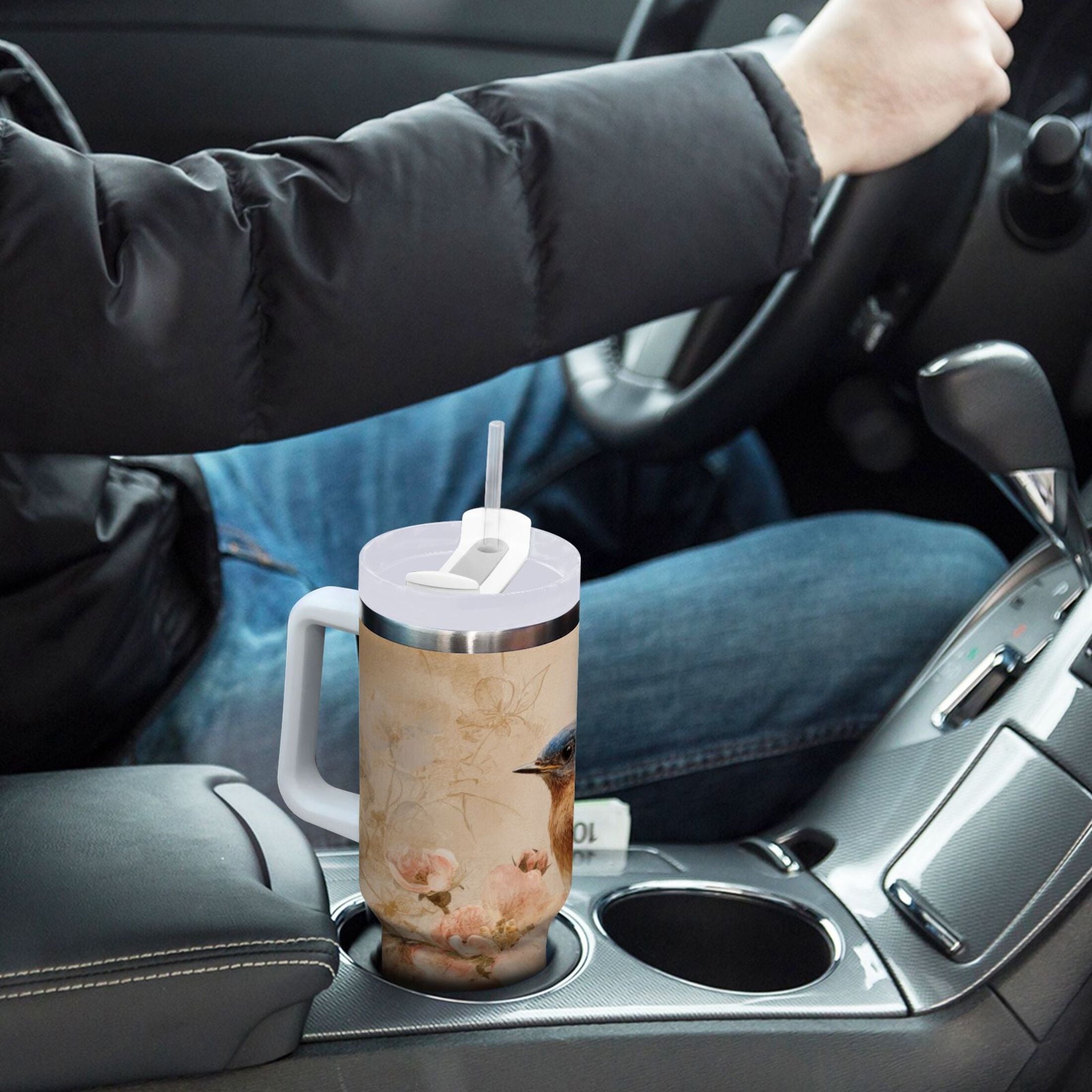 40 oz Insulated Stainless Steel Tumbler Double Wall Stainless Steel Tumbler with 2-Way Drinking Bluebird and Ancient Flowers - LIU7