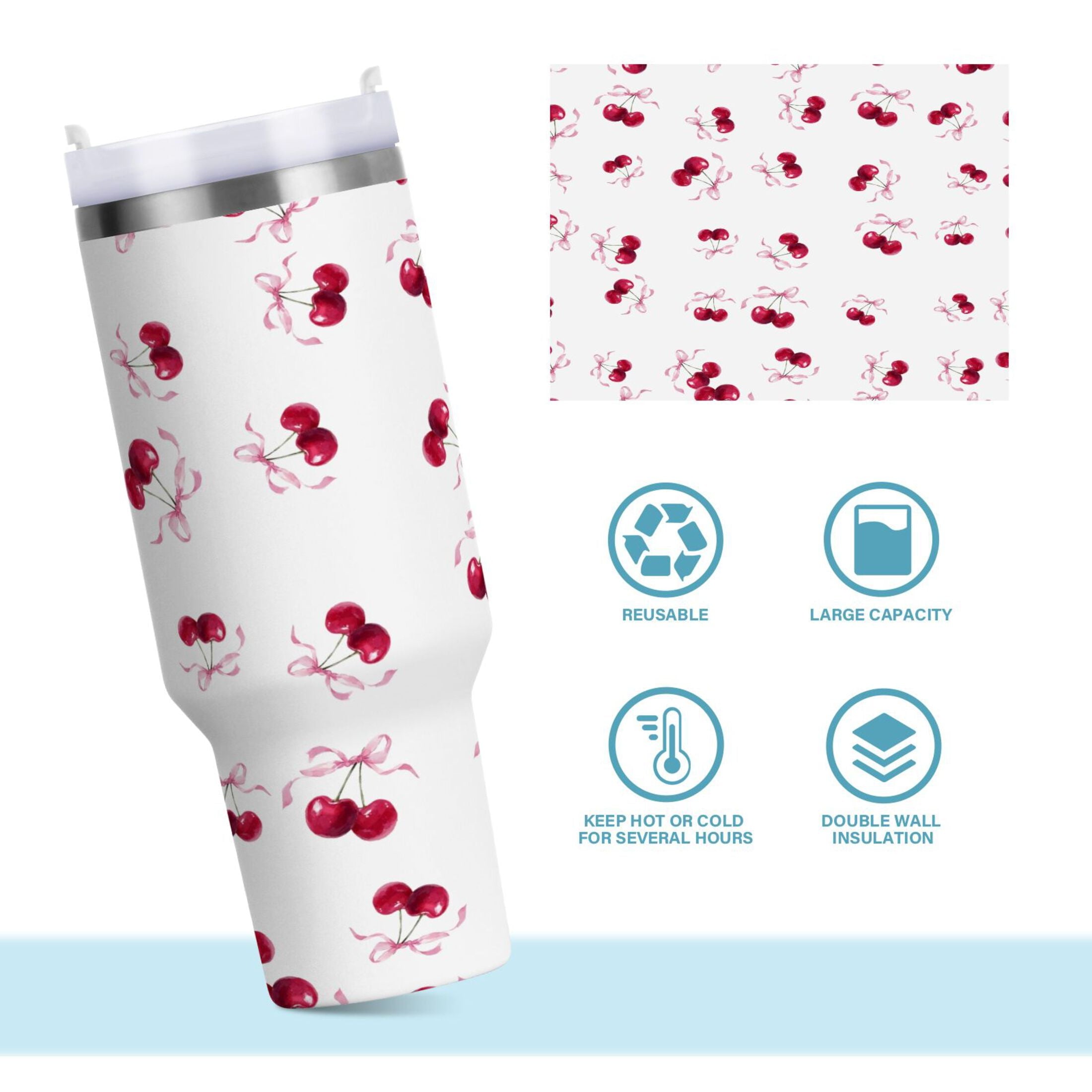30 oz Insulated Stainless Steel Tumbler Double Wall Stainless Steel Tumbler with 2-Way Drinking Watercolor Cherries Pattern - M0EV