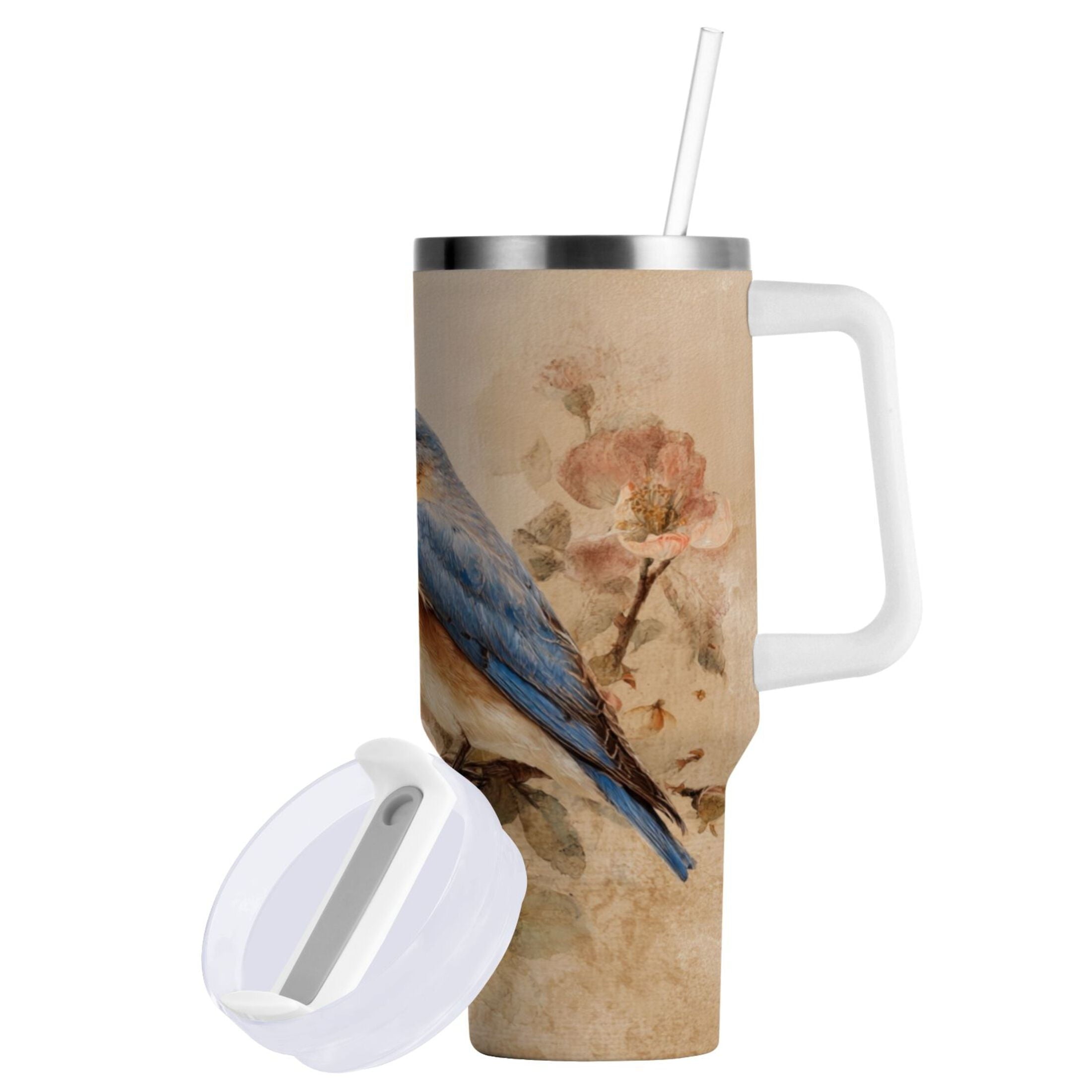 40 oz Insulated Stainless Steel Tumbler Double Wall Stainless Steel Tumbler with 2-Way Drinking Bluebird and Ancient Flowers - LIU7