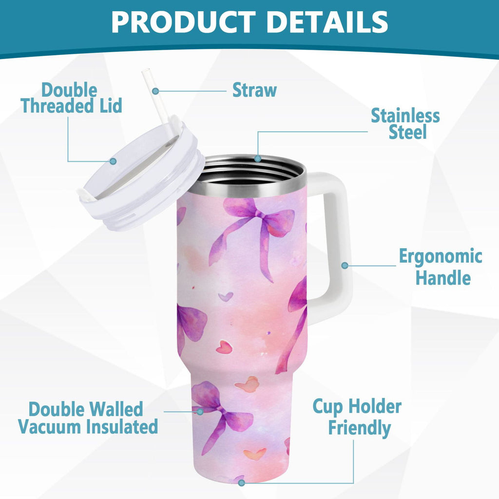 30 oz Insulated Stainless Steel Tumbler Double Wall Stainless Steel Tumbler with 2-Way Drinking Watercolor Purple Bows - Q3ZJ