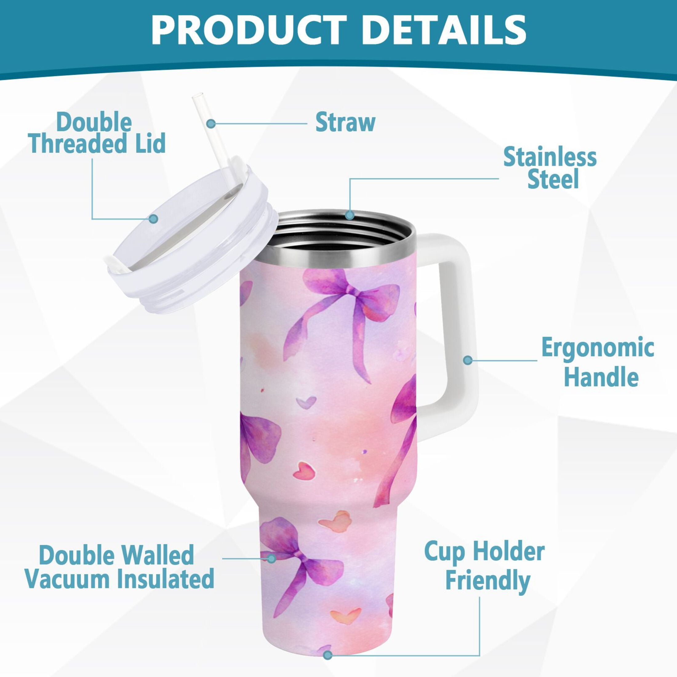30 oz Insulated Stainless Steel Tumbler Double Wall Stainless Steel Tumbler with 2-Way Drinking Watercolor Purple Bows - Q3ZJ