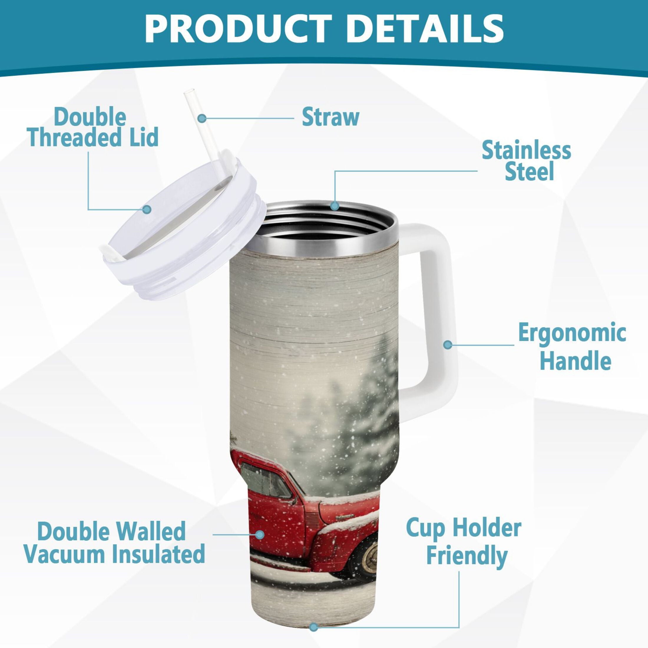 40 oz Insulated Stainless Steel Tumbler Double Wall Stainless Steel Tumbler with 2-Way Drinking Vintage Red Truck - A9OT