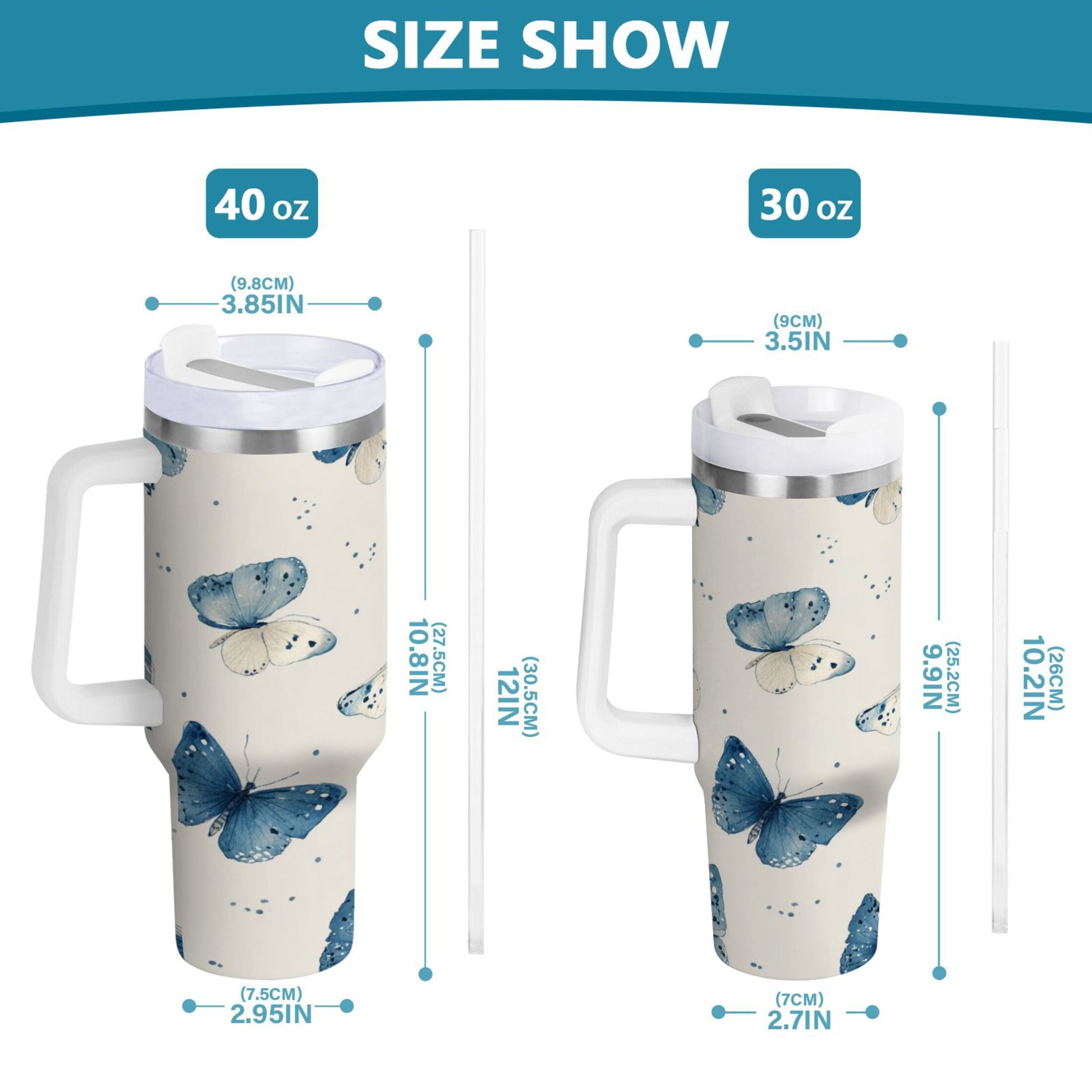 30 oz Insulated Stainless Steel Tumbler Double Wall Stainless Steel Tumbler with 2-Way Drinking Blue Watercolor Butterflies - W7E6