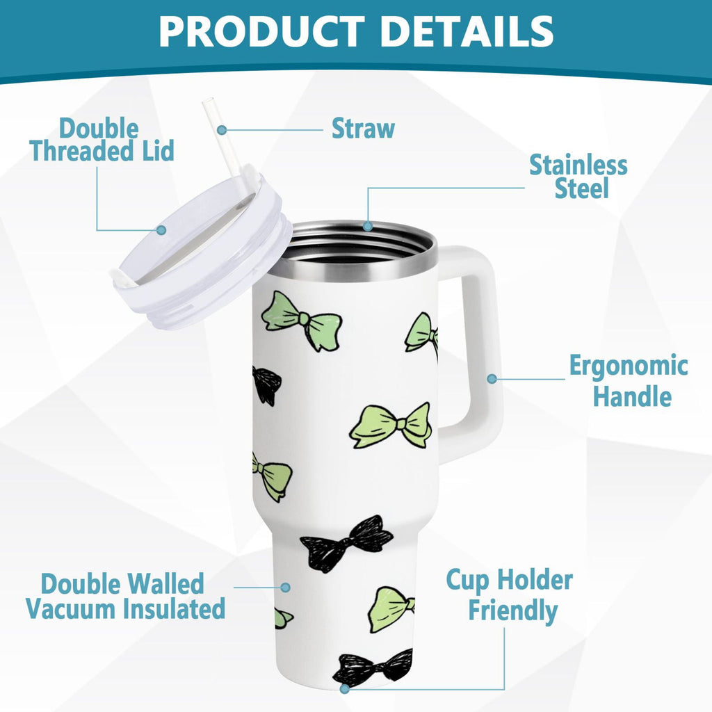 40 oz Insulated Stainless Steel Tumbler Double Wall Stainless Steel Tumbler with 2-Way Drinking Green and Black Bows - YM13