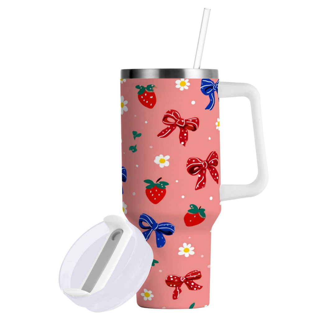 40 oz Insulated Stainless Steel Tumbler Double Wall Stainless Steel Tumbler with 2-Way Drinking Bows and Strawberries Pattern - 4YTT