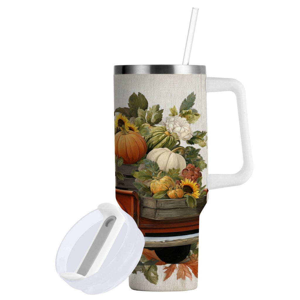 40 oz Insulated Stainless Steel Tumbler Double Wall Stainless Steel Tumbler with 2-Way Drinking Truck Full Of Pumpkins - JEDA