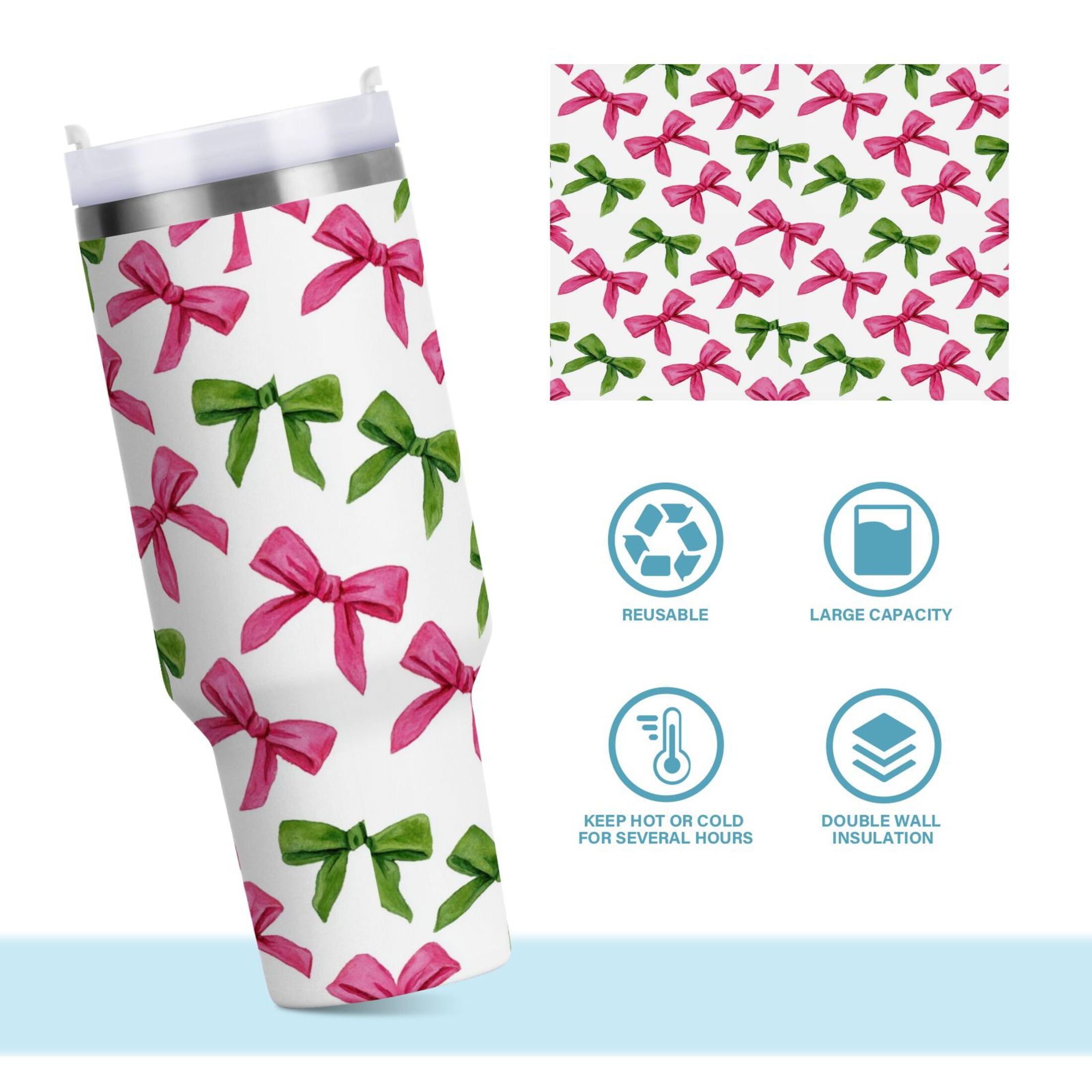 30 oz Insulated Stainless Steel Tumbler Double Wall Stainless Steel Tumbler with 2-Way Drinking Pink Bows and Green Ribbons - I8I8