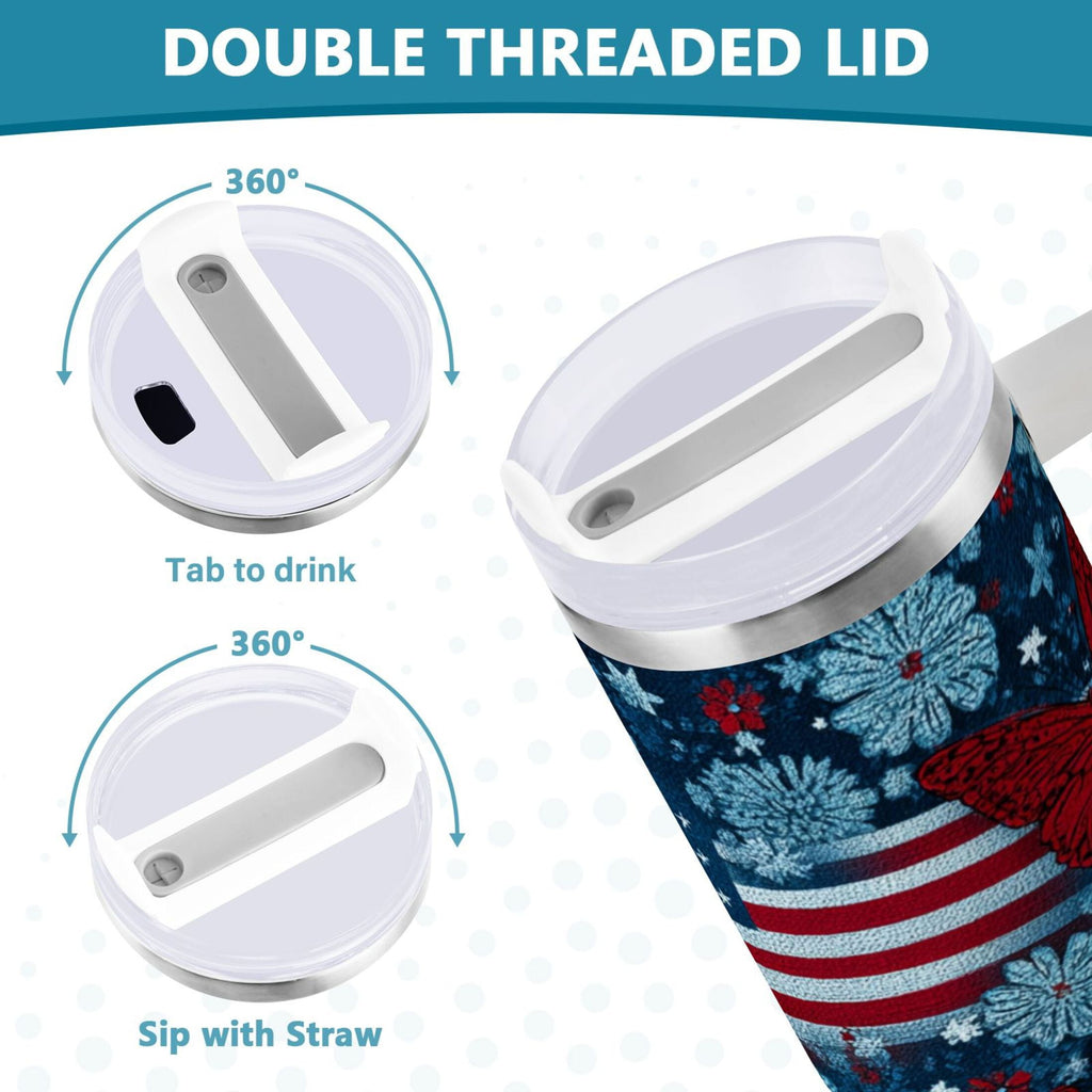 30 oz Insulated Stainless Steel Tumbler Double Wall Stainless Steel Tumbler with 2-Way Drinking Red Butterflies and Flags - Y1GX