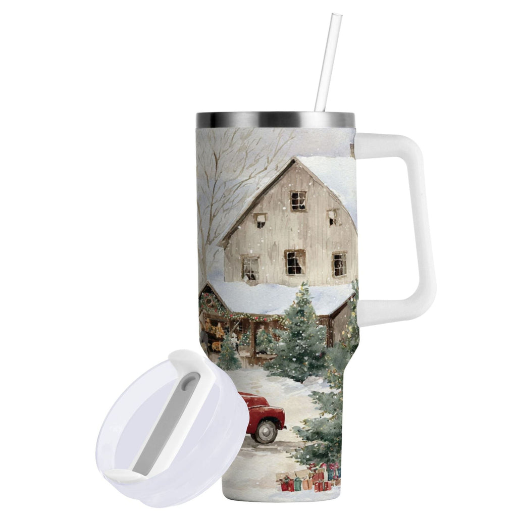 40 oz Insulated Stainless Steel Tumbler Double Wall Stainless Steel Tumbler with 2-Way Drinking Farm Snow Scene - M2B0