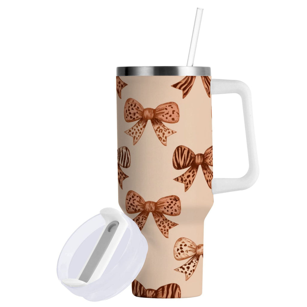 40 oz Insulated Stainless Steel Tumbler Double Wall Stainless Steel Tumbler with 2-Way Drinking Leopard Print Bow - TY71