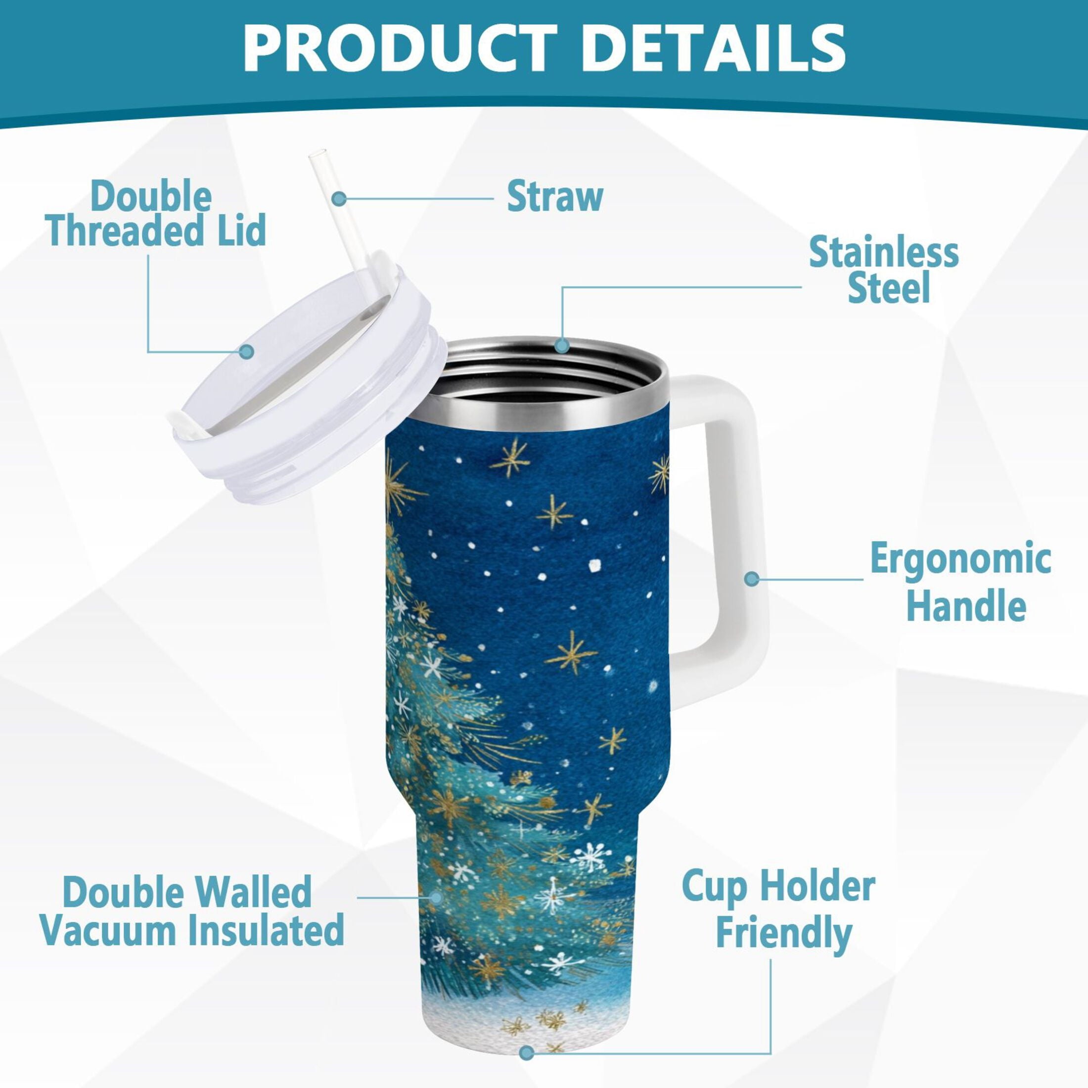 40 oz Insulated Stainless Steel Tumbler Double Wall Stainless Steel Tumbler with 2-Way Drinking Watercolor Christmas Tree - KP7V