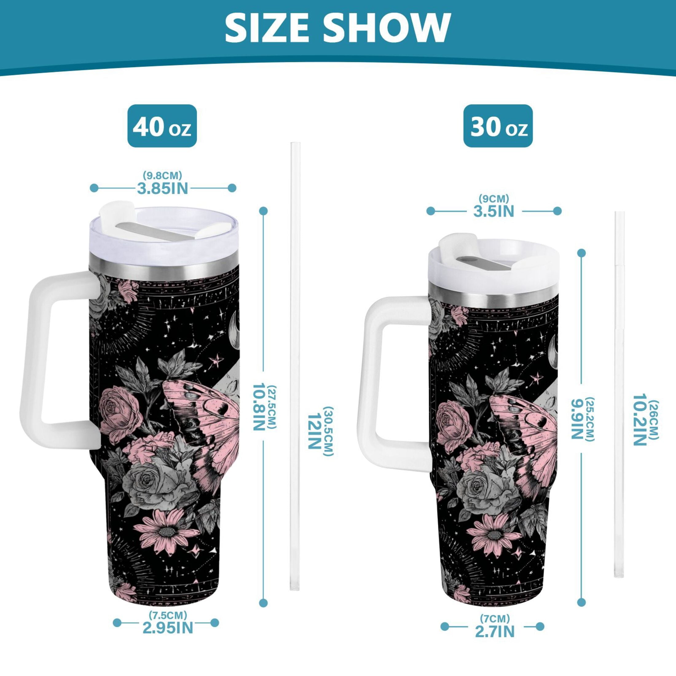 30 oz Insulated Stainless Steel Tumbler Double Wall Stainless Steel Tumbler with 2-Way Drinking Butterfly by Moon and Flowers - AR3P