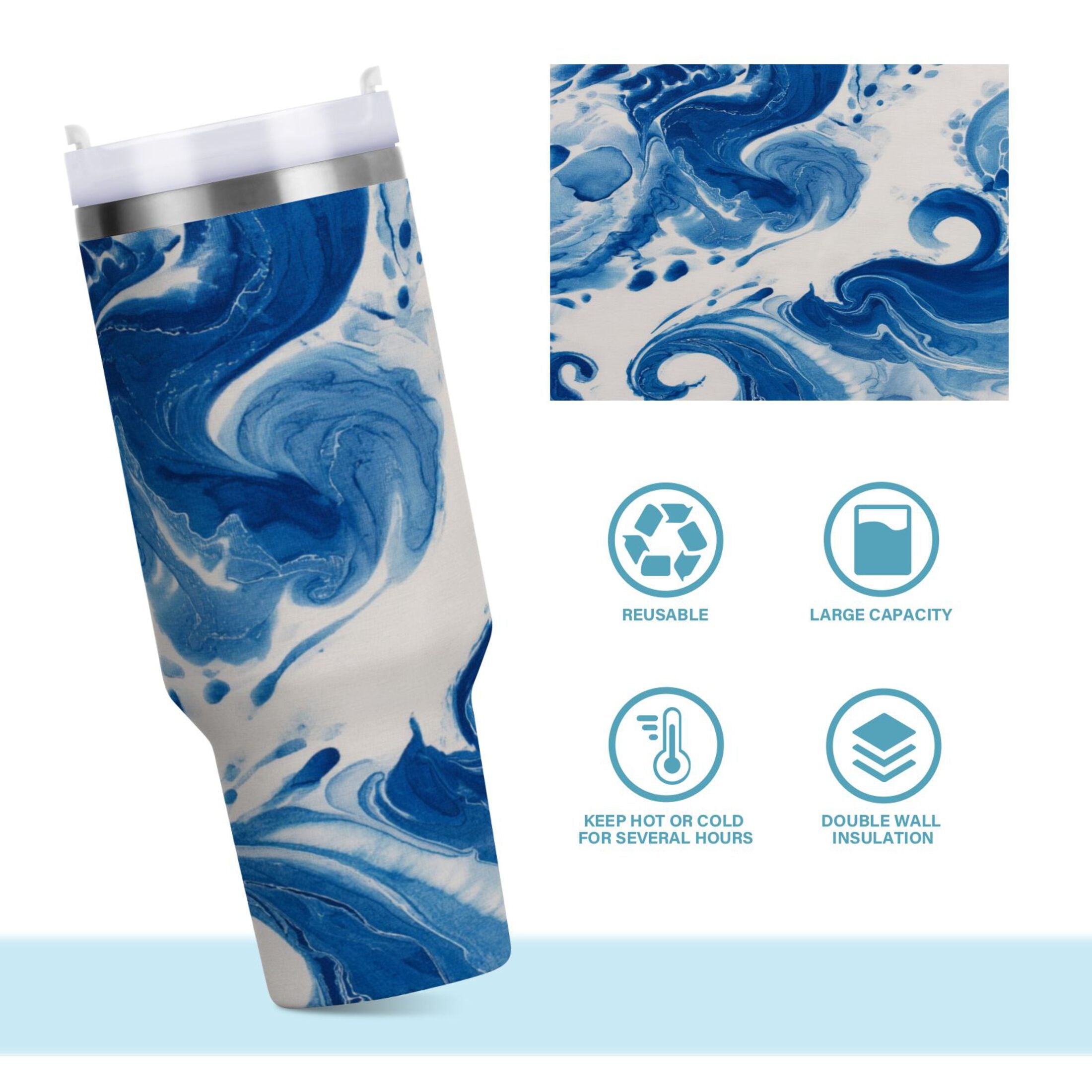 40 oz Insulated Stainless Steel Tumbler Double Wall Stainless Steel Tumbler with 2-Way Drinking Indigo Blue Tie-dye Pattern - AU7X