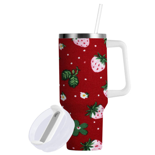 30 oz Insulated Stainless Steel Tumbler Double Wall Stainless Steel Tumbler with 2-Way Drinking Cute Pink Strawberry Pattern - 4476