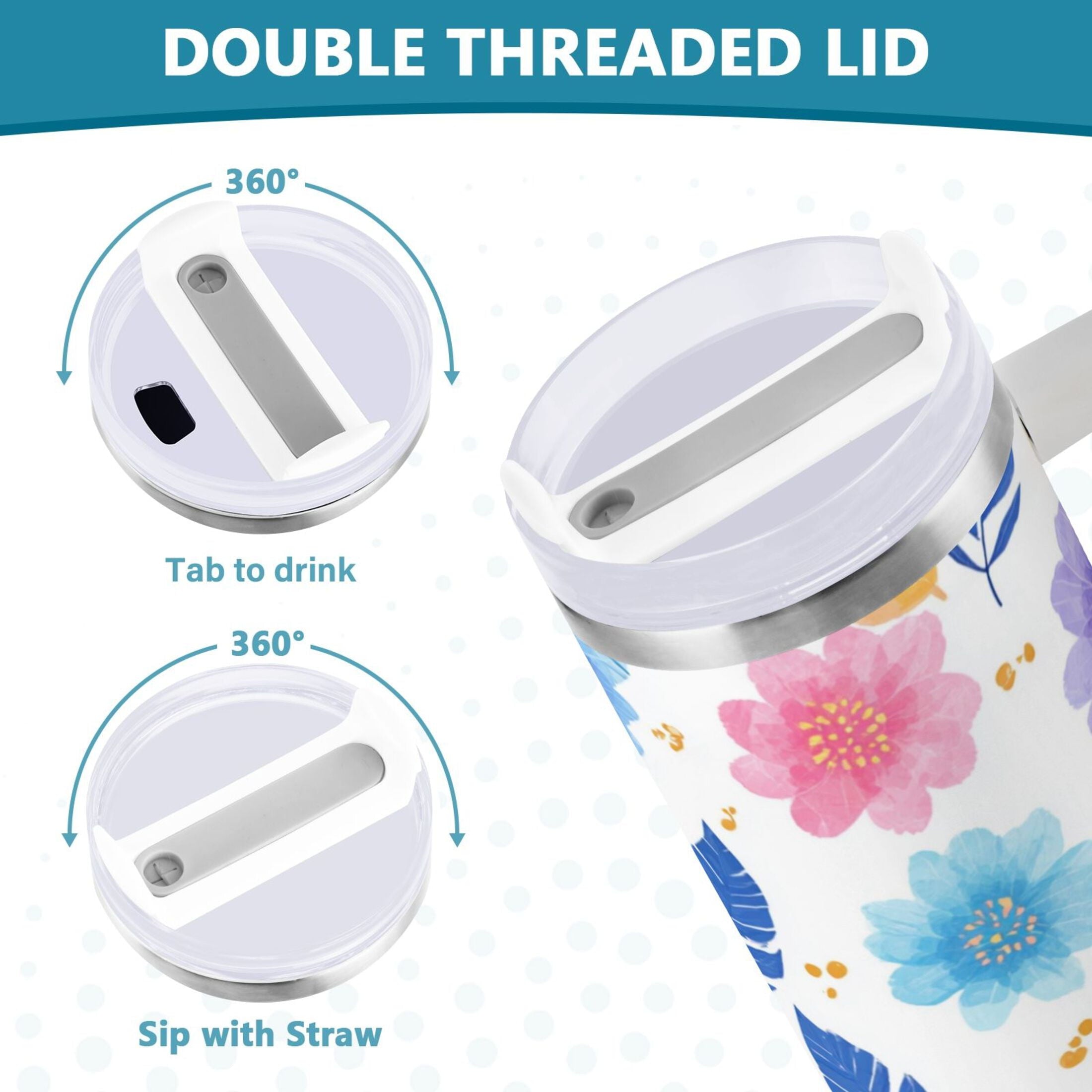 30 oz Insulated Stainless Steel Tumbler Double Wall Stainless Steel Tumbler with 2-Way Drinking Blue and Purple Flowers - 1XFL