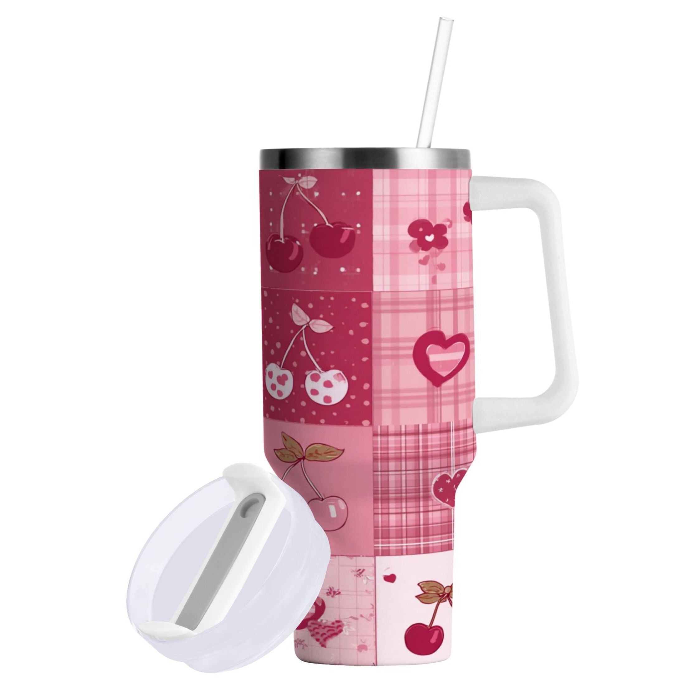 30 oz Insulated Stainless Steel Tumbler Double Wall Stainless Steel Tumbler with 2-Way Drinking Cherry Pattern with Bows - DQ2J