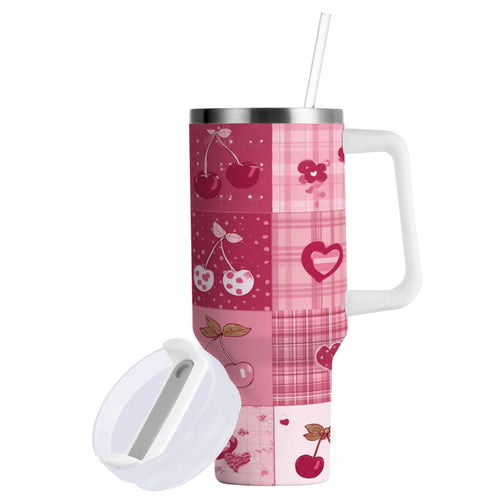30 oz Insulated Stainless Steel Tumbler Double Wall Stainless Steel Tumbler with 2-Way Drinking Cherry Pattern with Bows - DQ2J