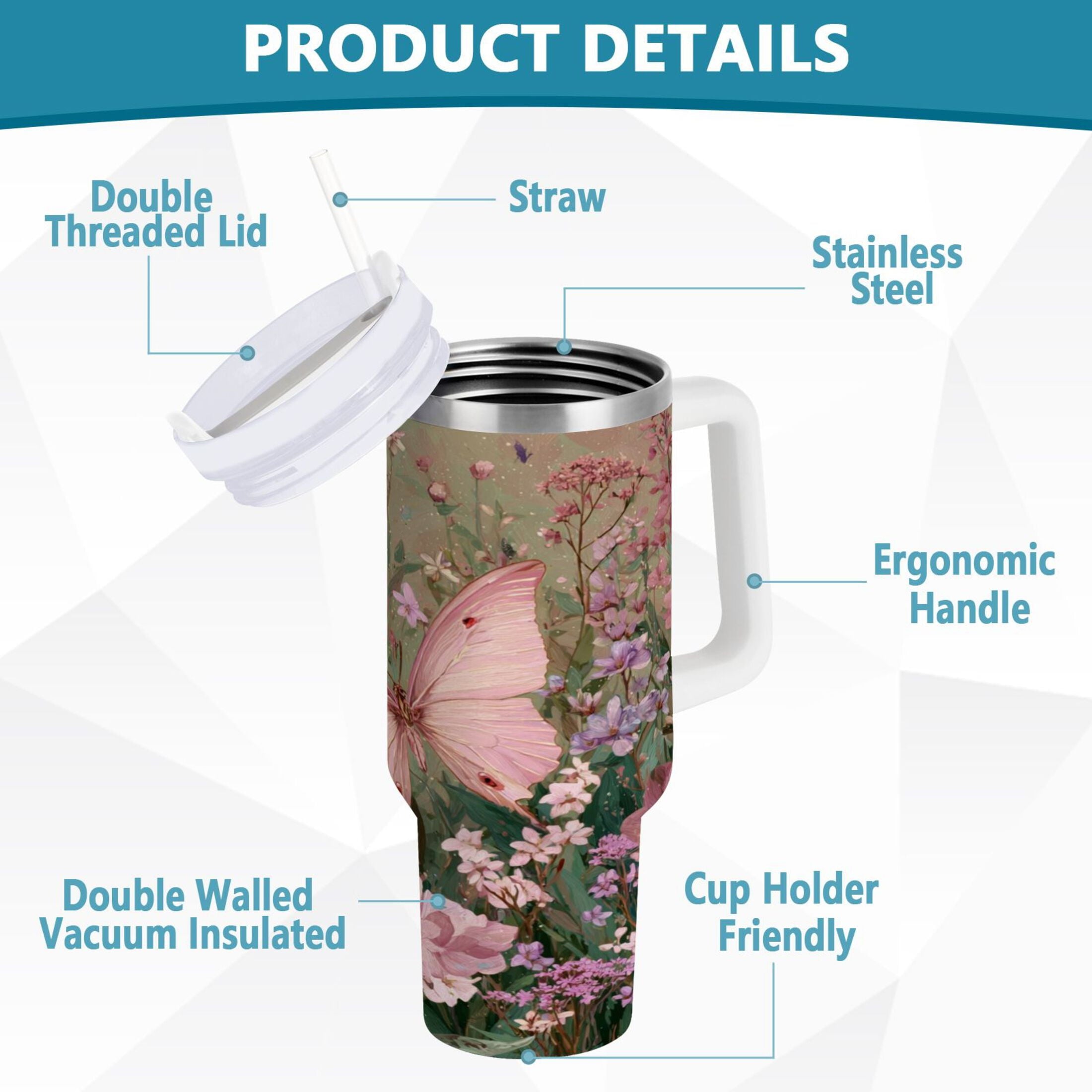 30 oz Insulated Stainless Steel Tumbler Double Wall Stainless Steel Tumbler with 2-Way Drinking Delicate Butterfly - TKQE