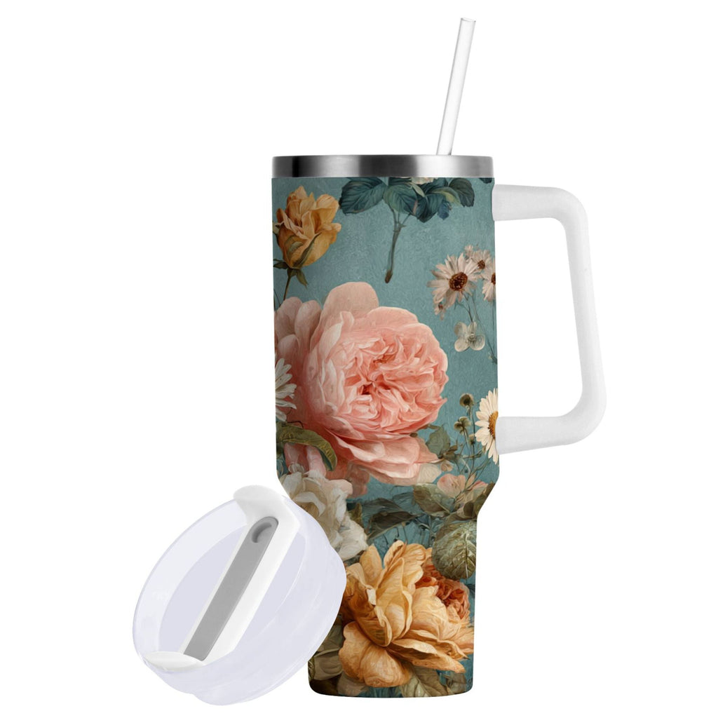 30 oz Insulated Stainless Steel Tumbler Double Wall Stainless Steel Tumbler with 2-Way Drinking Vintage Roses and Peonies - EK50