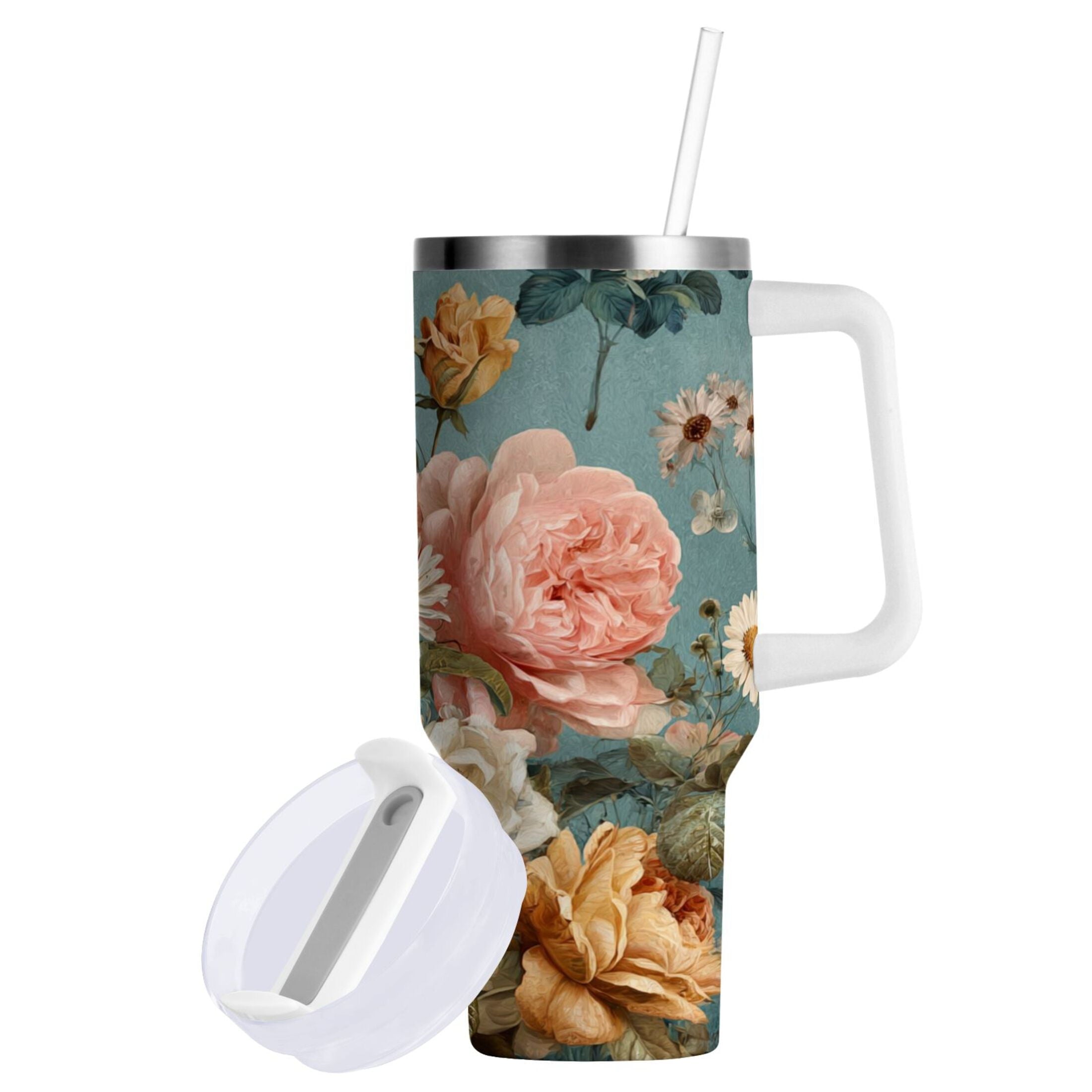 30 oz Insulated Stainless Steel Tumbler Double Wall Stainless Steel Tumbler with 2-Way Drinking Vintage Roses and Peonies - EK50