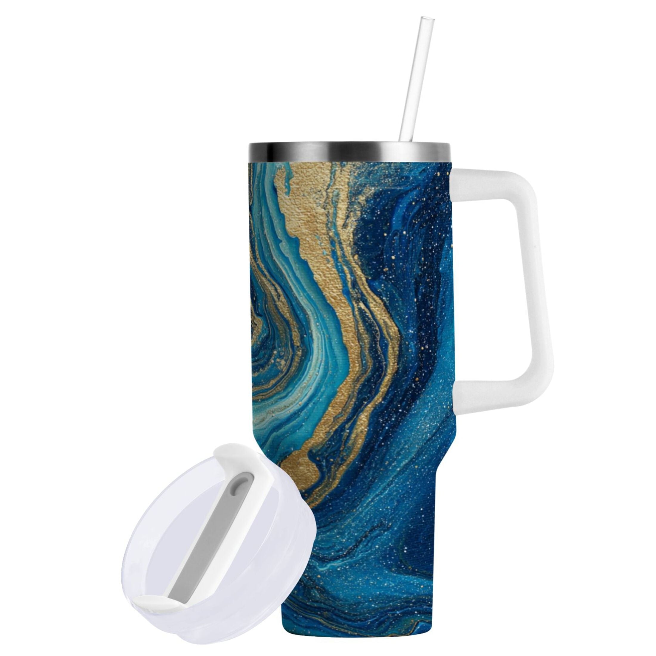 30 oz Insulated Stainless Steel Tumbler Double Wall Stainless Steel Tumbler with 2-Way Drinking Blue and Gold Ocean - WF2D