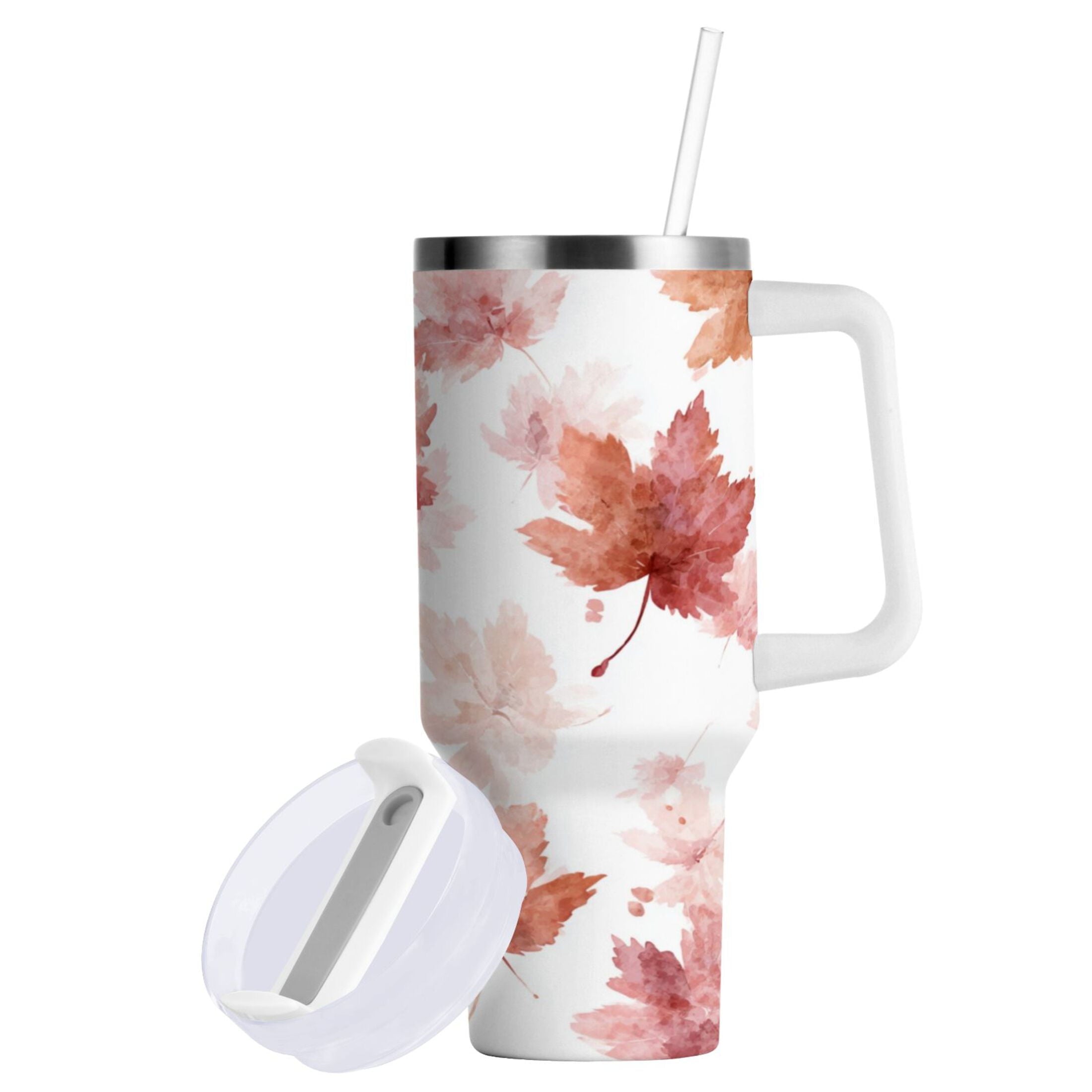 30 oz Insulated Stainless Steel Tumbler Double Wall Stainless Steel Tumbler with 2-Way Drinking Watercolor Pink Maple Leaves - YETU