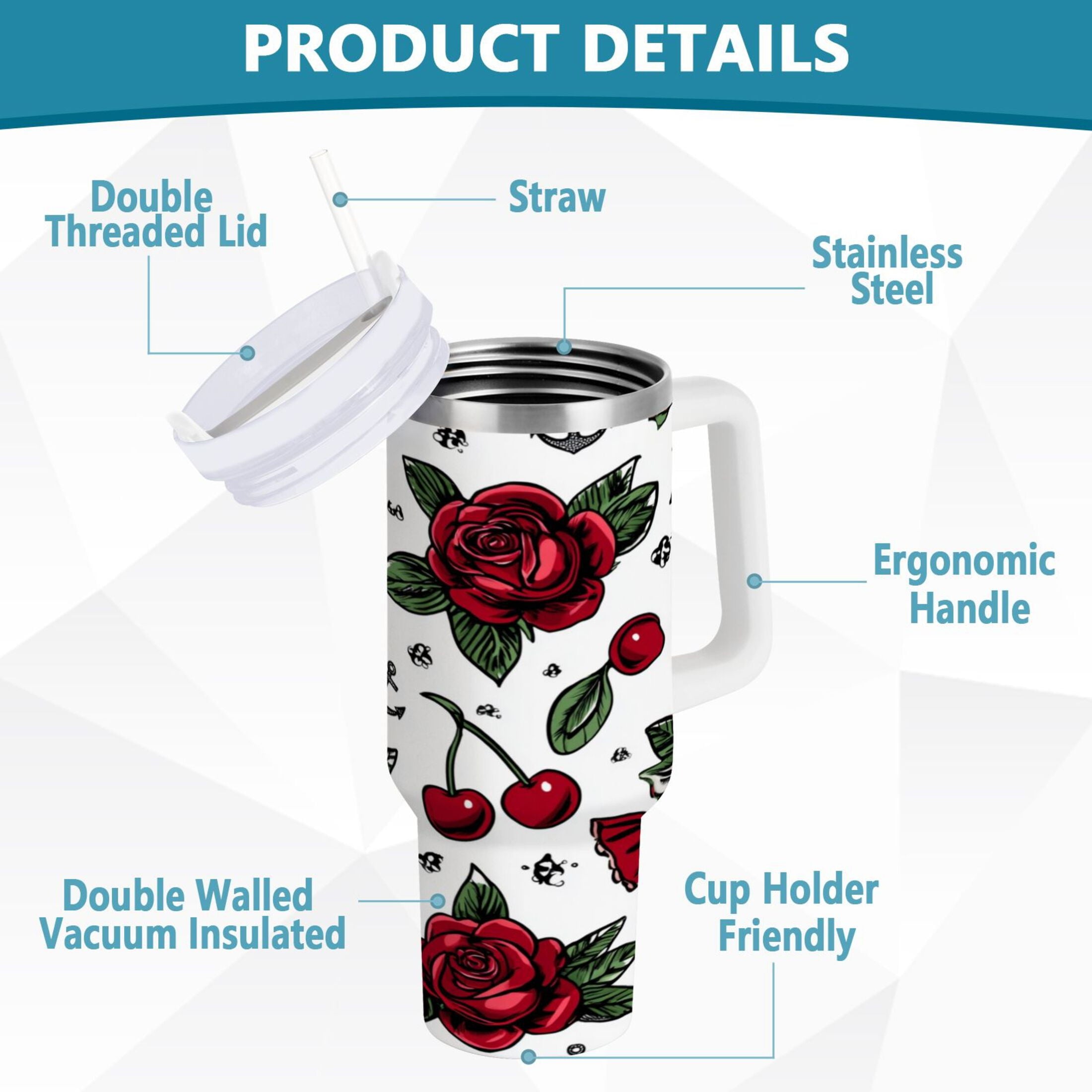 40 oz Insulated Stainless Steel Tumbler Double Wall Stainless Steel Tumbler with 2-Way Drinking Red Roses and Cherries - 5GYM