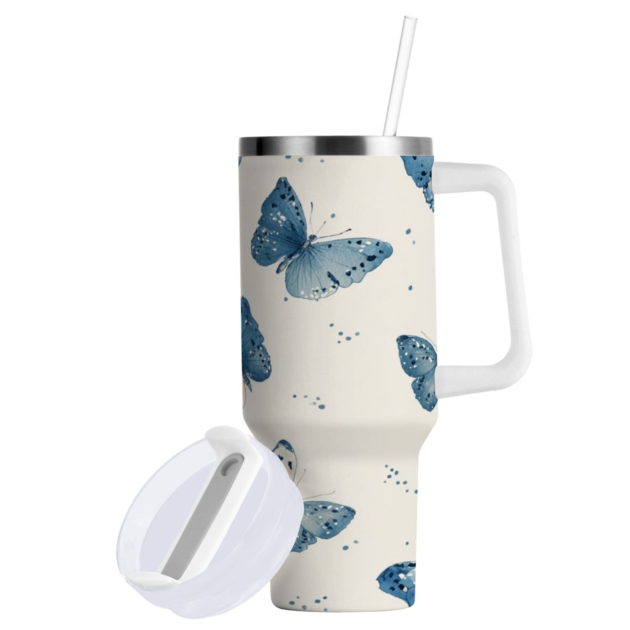 30 oz Insulated Stainless Steel Tumbler Double Wall Stainless Steel Tumbler with 2-Way Drinking Blue Watercolor Butterflies - W7E6
