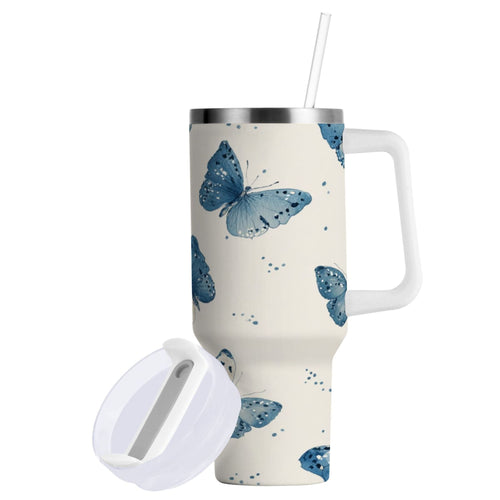 30 oz Insulated Stainless Steel Tumbler Double Wall Stainless Steel Tumbler with 2-Way Drinking Blue Watercolor Butterflies - W7E6