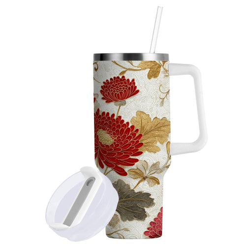 30 oz Insulated Stainless Steel Tumbler Double Wall Stainless Steel Tumbler with 2-Way Drinking Red Chrysanthemum Pattern - PTOO