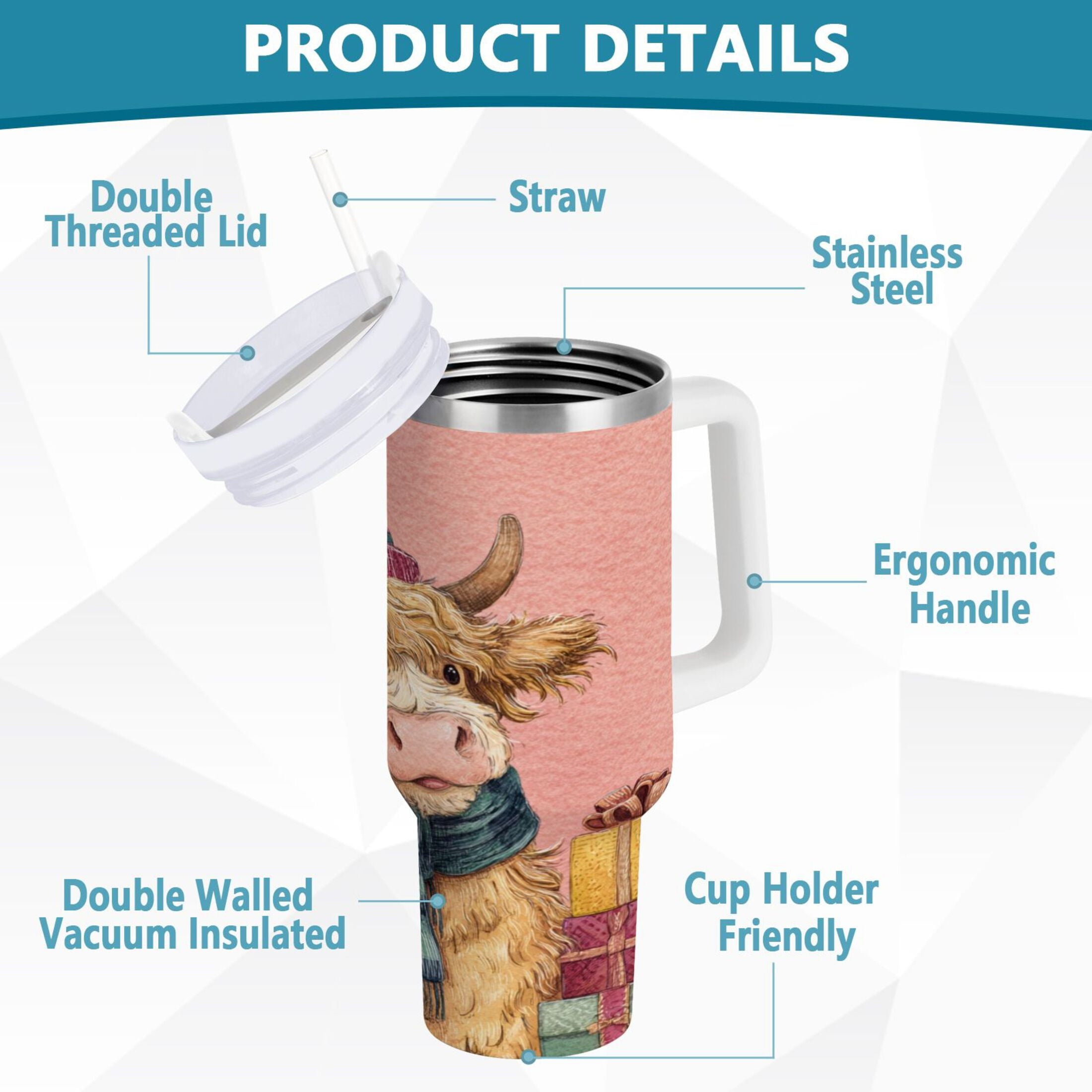 30 oz Insulated Stainless Steel Tumbler Double Wall Stainless Steel Tumbler with 2-Way Drinking Cow Wearing Scarf and Hat - 33SF