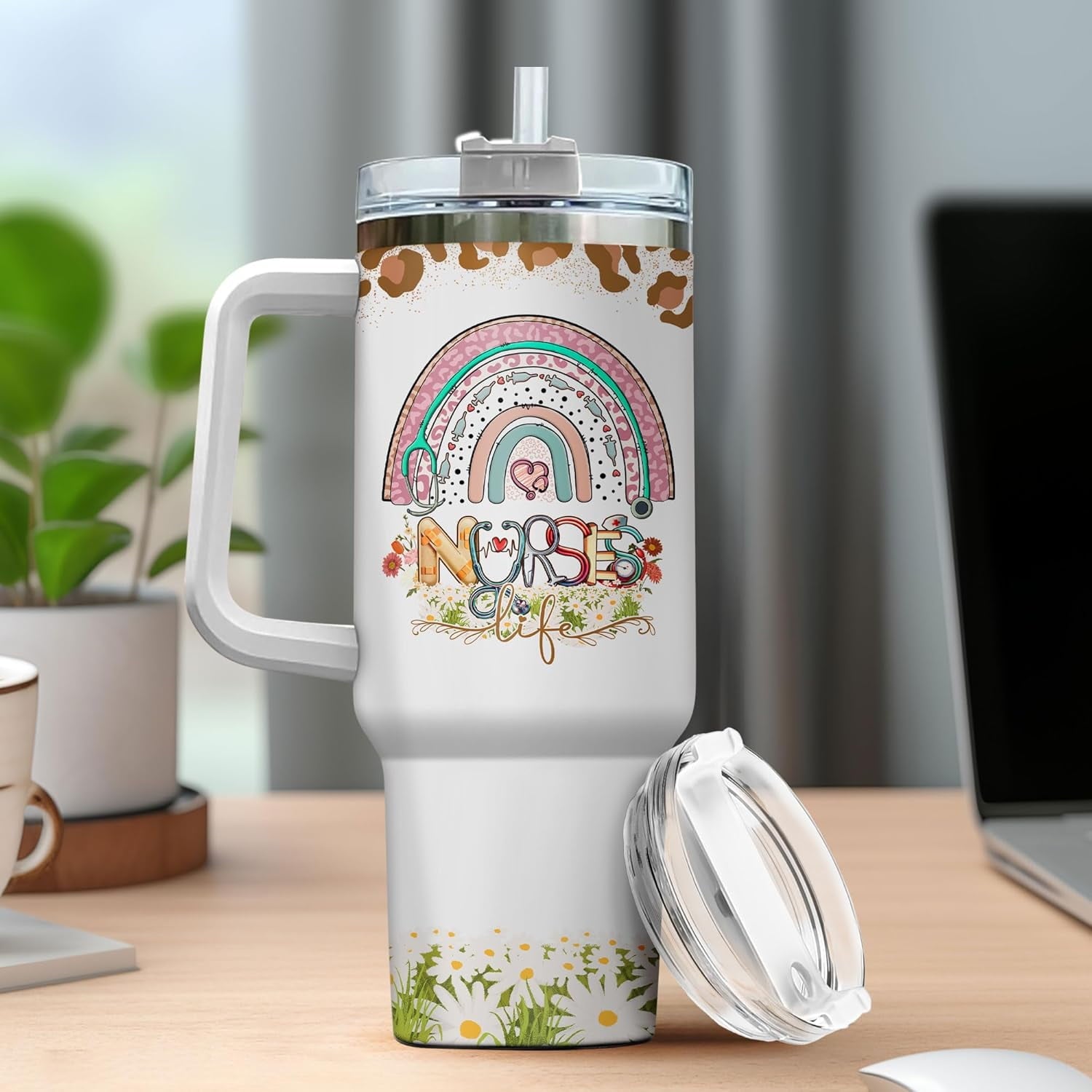 Tumbler 40 Oz With Handle Lid And Straw, Nurse Gifts, Black Camo White Engraved Print Travel Nurses Tumblers Handle Funny Cups Nursing For, Great Nurse Rainbow Daisy Flower - UUWW