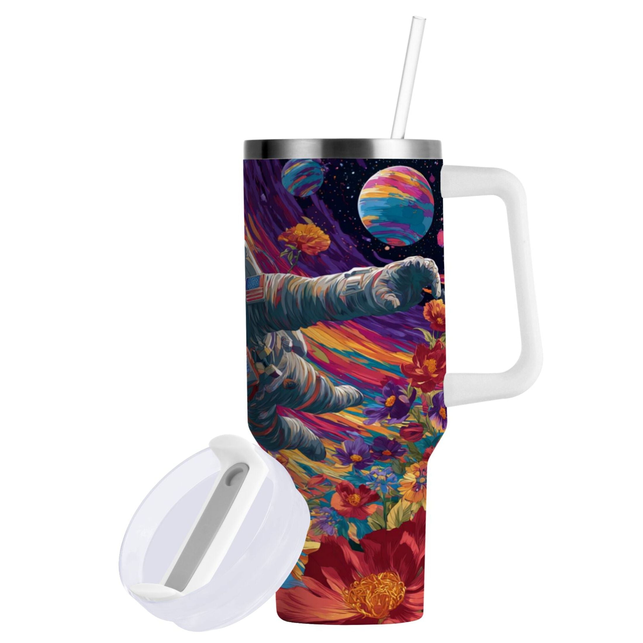 40 oz Insulated Stainless Steel Tumbler Double Wall Stainless Steel Tumbler with 2-Way Drinking Colorful Flowers and Planets - VVEF