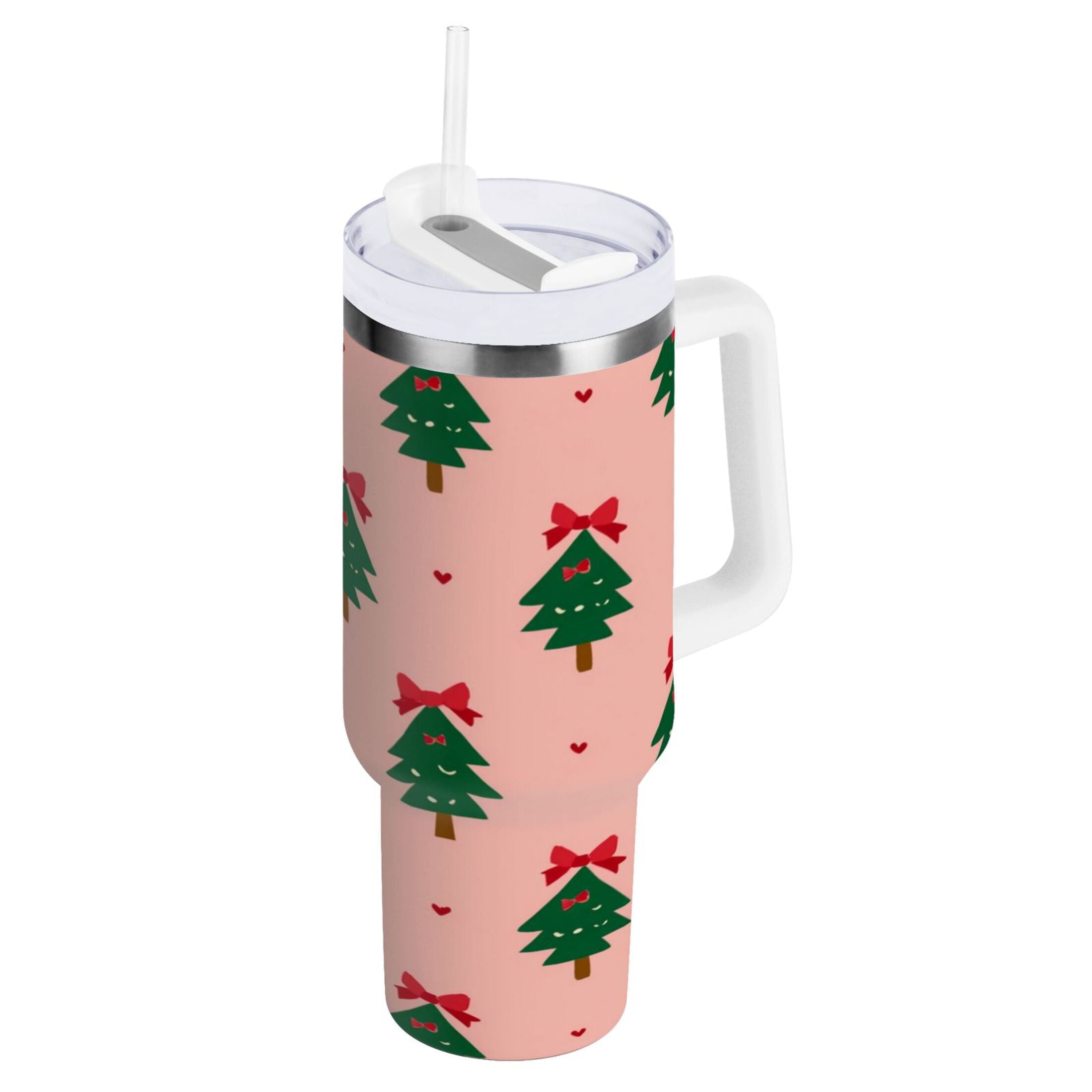 40 oz Insulated Stainless Steel Tumbler Double Wall Stainless Steel Tumbler with 2-Way Drinking Green Trees and Red Bows - UDAI