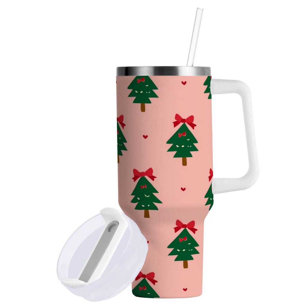 40 oz Insulated Stainless Steel Tumbler Double Wall Stainless Steel Tumbler with 2-Way Drinking Green Trees and Red Bows - UDAI