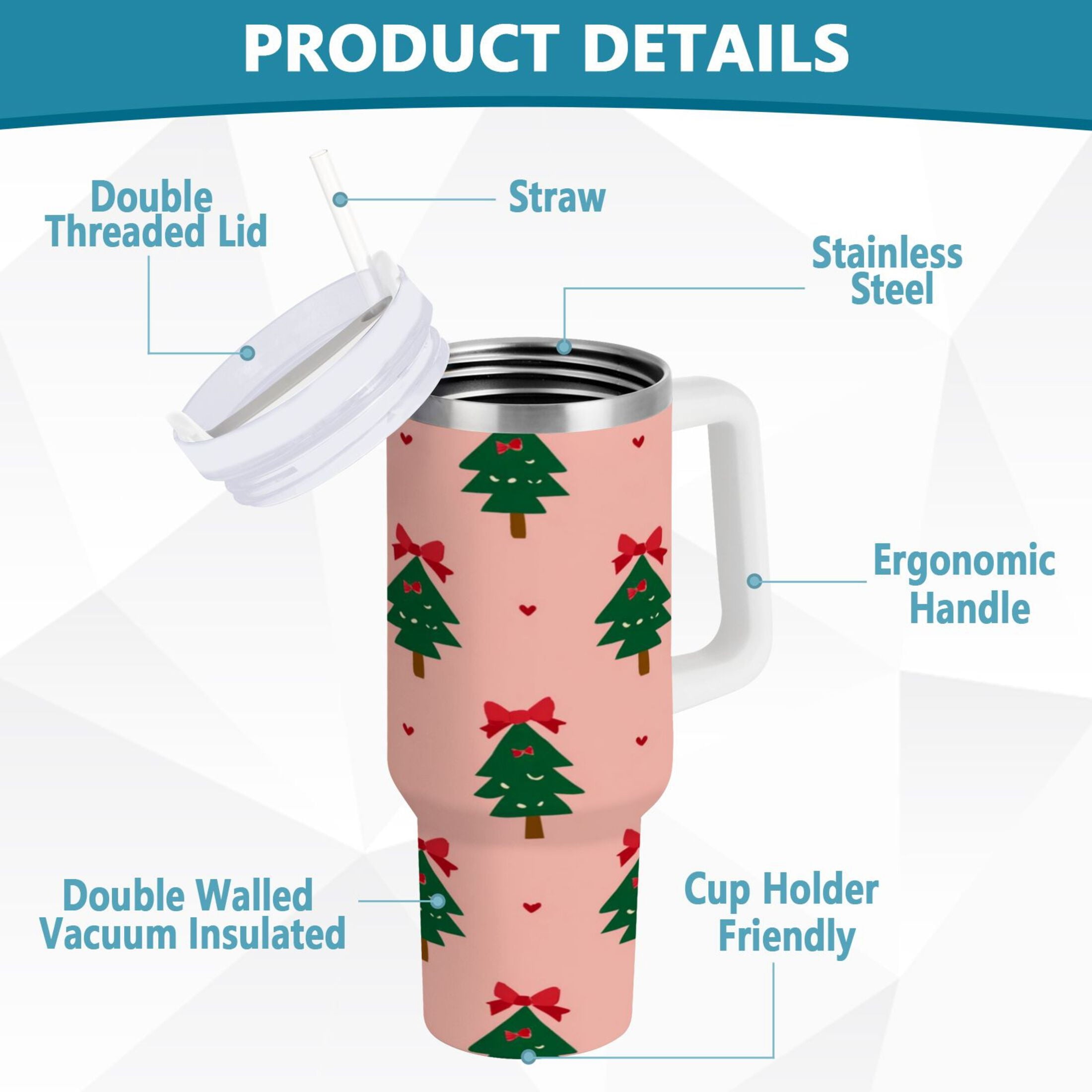 40 oz Insulated Stainless Steel Tumbler Double Wall Stainless Steel Tumbler with 2-Way Drinking Green Trees and Red Bows - UDAI