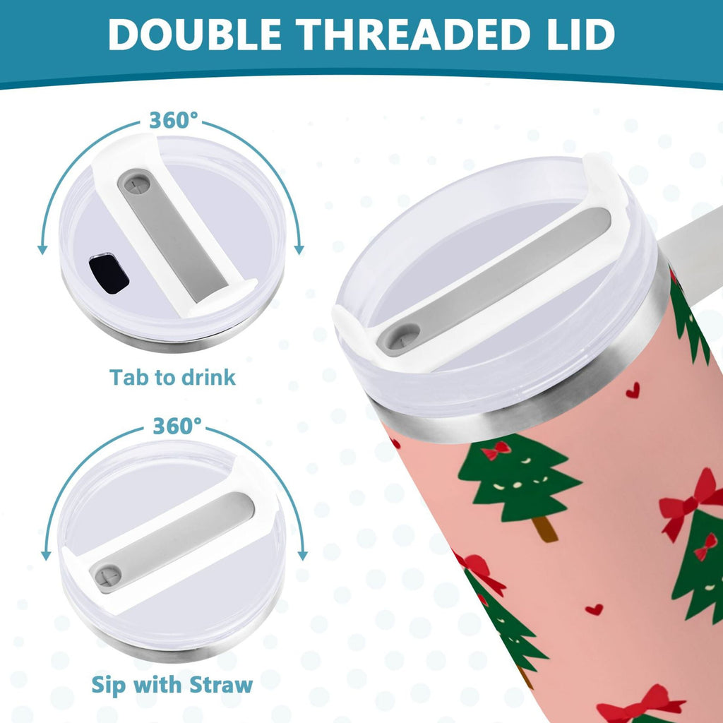 40 oz Insulated Stainless Steel Tumbler Double Wall Stainless Steel Tumbler with 2-Way Drinking Green Trees and Red Bows - UDAI