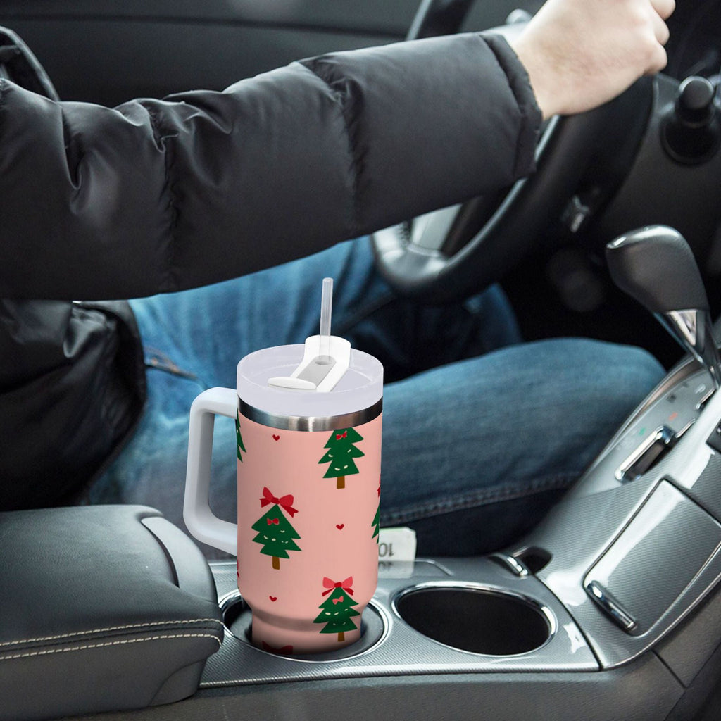 40 oz Insulated Stainless Steel Tumbler Double Wall Stainless Steel Tumbler with 2-Way Drinking Green Trees and Red Bows - UDAI