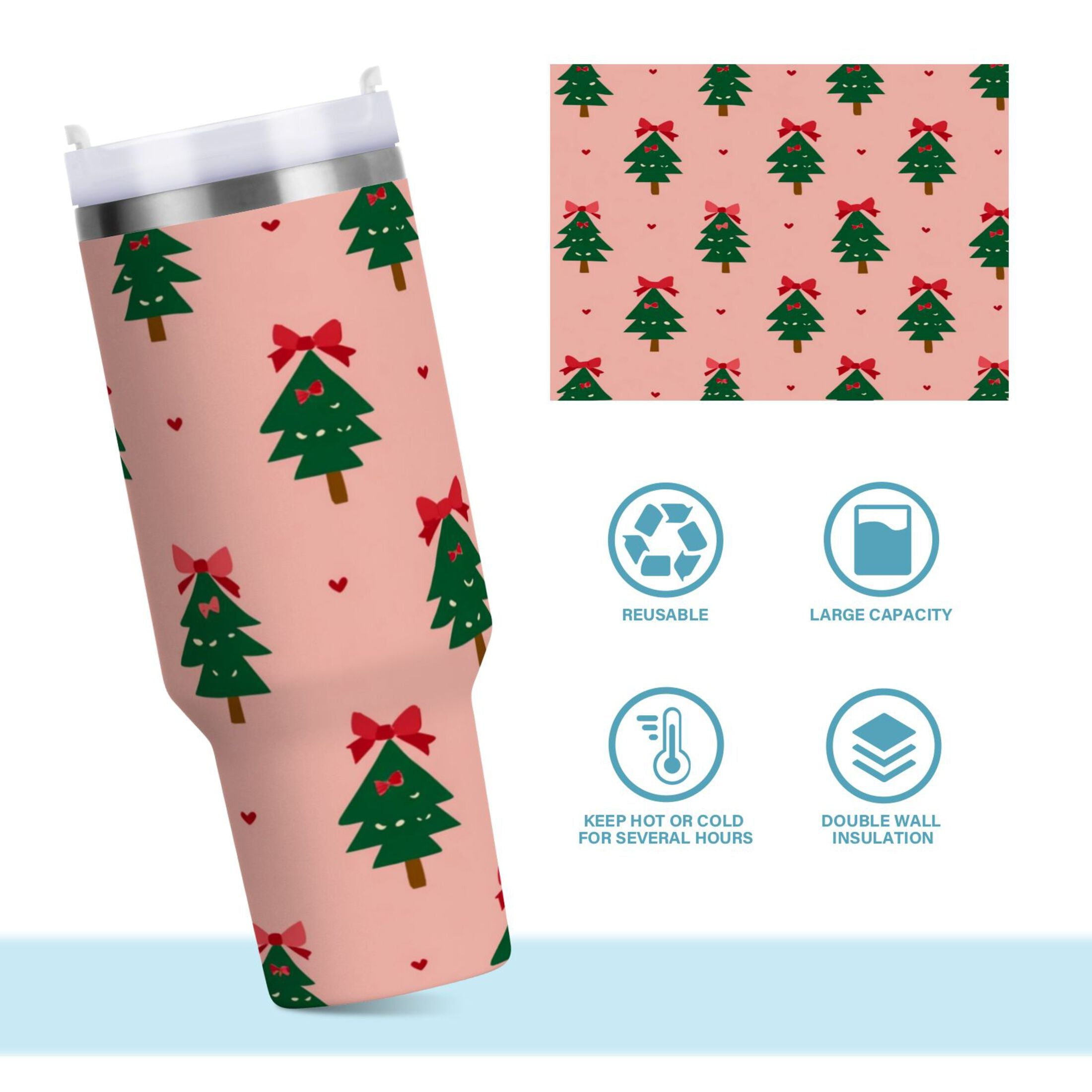 40 oz Insulated Stainless Steel Tumbler Double Wall Stainless Steel Tumbler with 2-Way Drinking Green Trees and Red Bows - UDAI