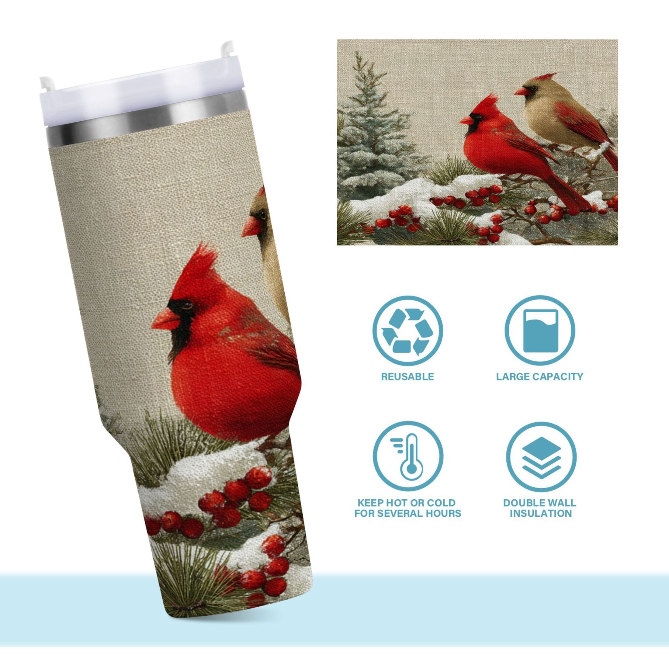 30 oz Insulated Stainless Steel Tumbler Double Wall Stainless Steel Tumbler with 2-Way Drinking Bird and Snow-covered Trees - E6B7