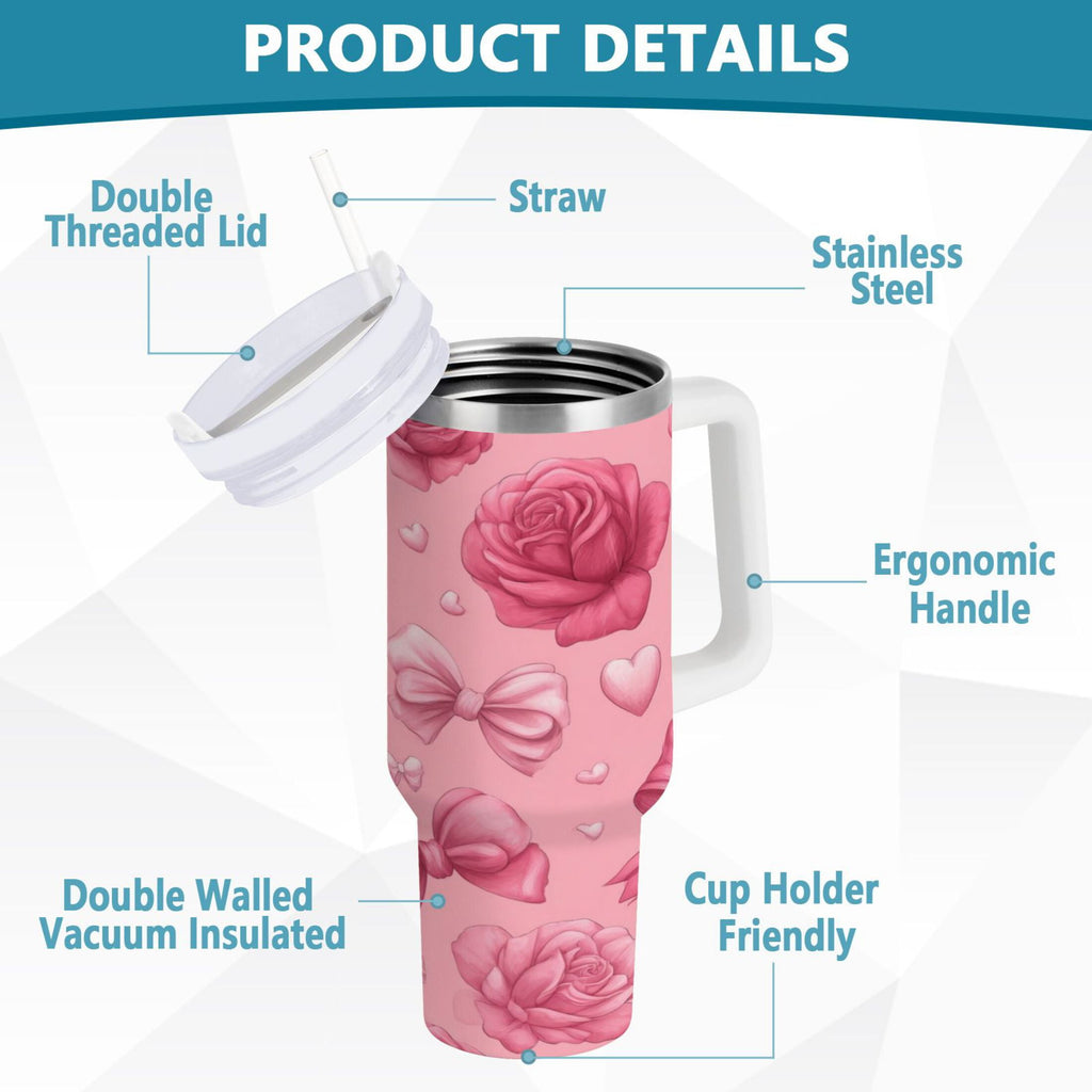 40 oz Insulated Stainless Steel Tumbler Double Wall Stainless Steel Tumbler with 2-Way Drinking Roses and Bows Pattern - 1B4R