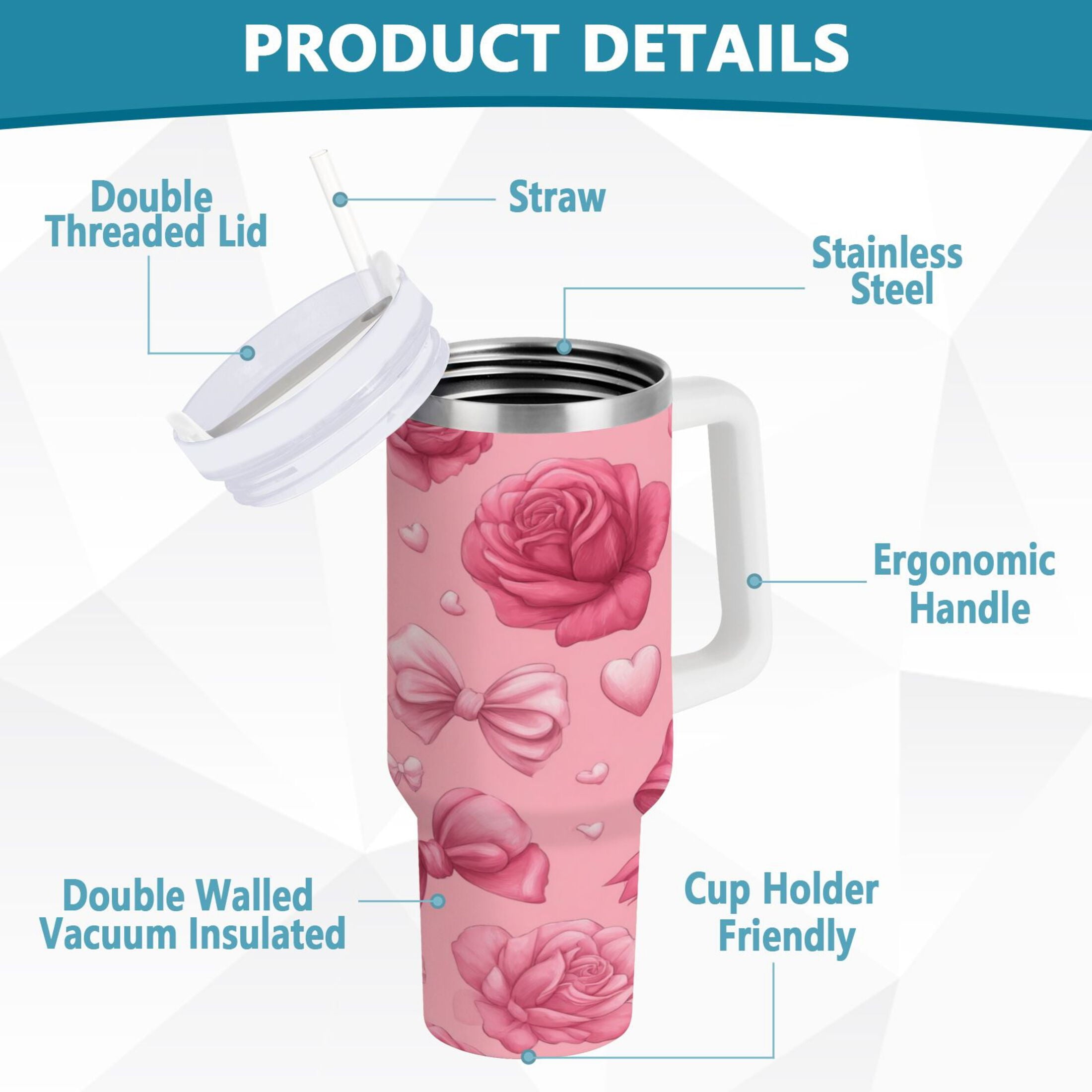 40 oz Insulated Stainless Steel Tumbler Double Wall Stainless Steel Tumbler with 2-Way Drinking Roses and Bows Pattern - 1B4R