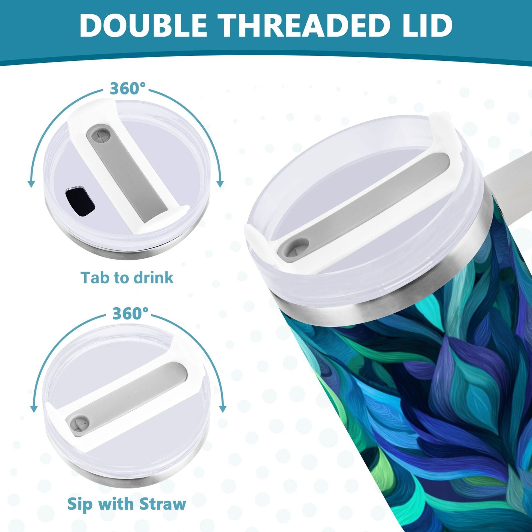40 oz Insulated Stainless Steel Tumbler Double Wall Stainless Steel Tumbler with 2-Way Drinking Elegant Blue Abstract Shapes - FWFT