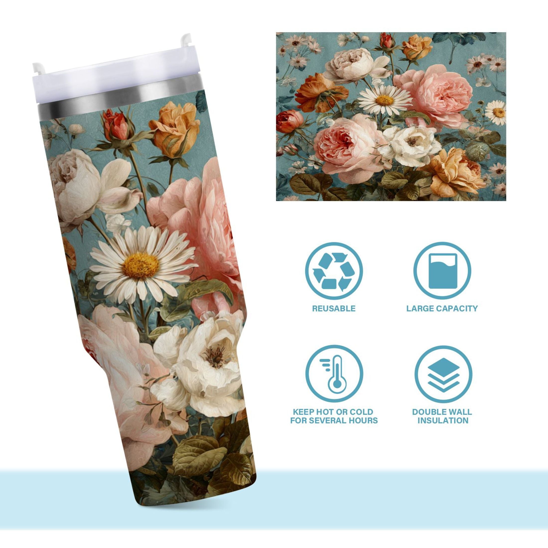 30 oz Insulated Stainless Steel Tumbler Double Wall Stainless Steel Tumbler with 2-Way Drinking Vintage Roses and Peonies - EK50